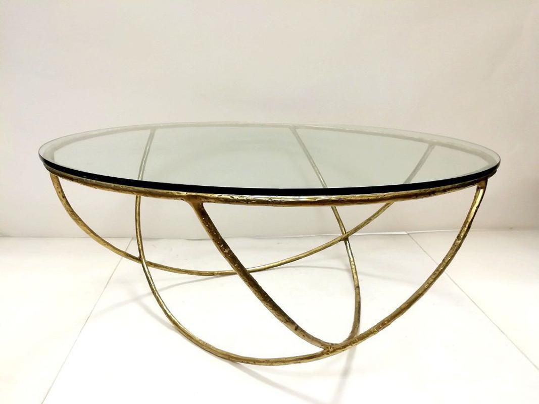 Post-Modern Brass Sculpted Coffee Table, Gold Basket, Misaya For Sale