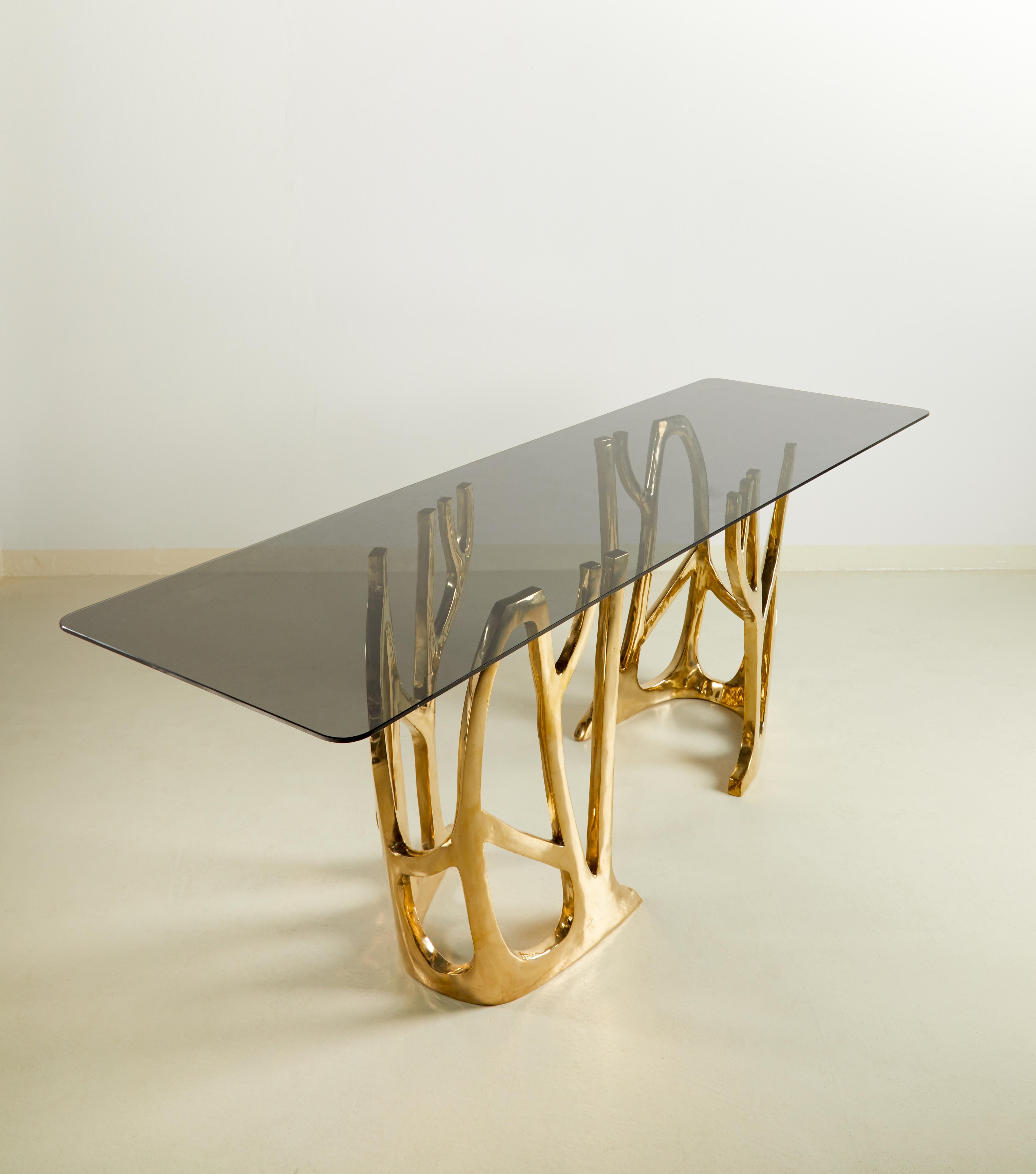 Post-Modern Brass Sculpted Console Table, Galaxy, Misaya For Sale