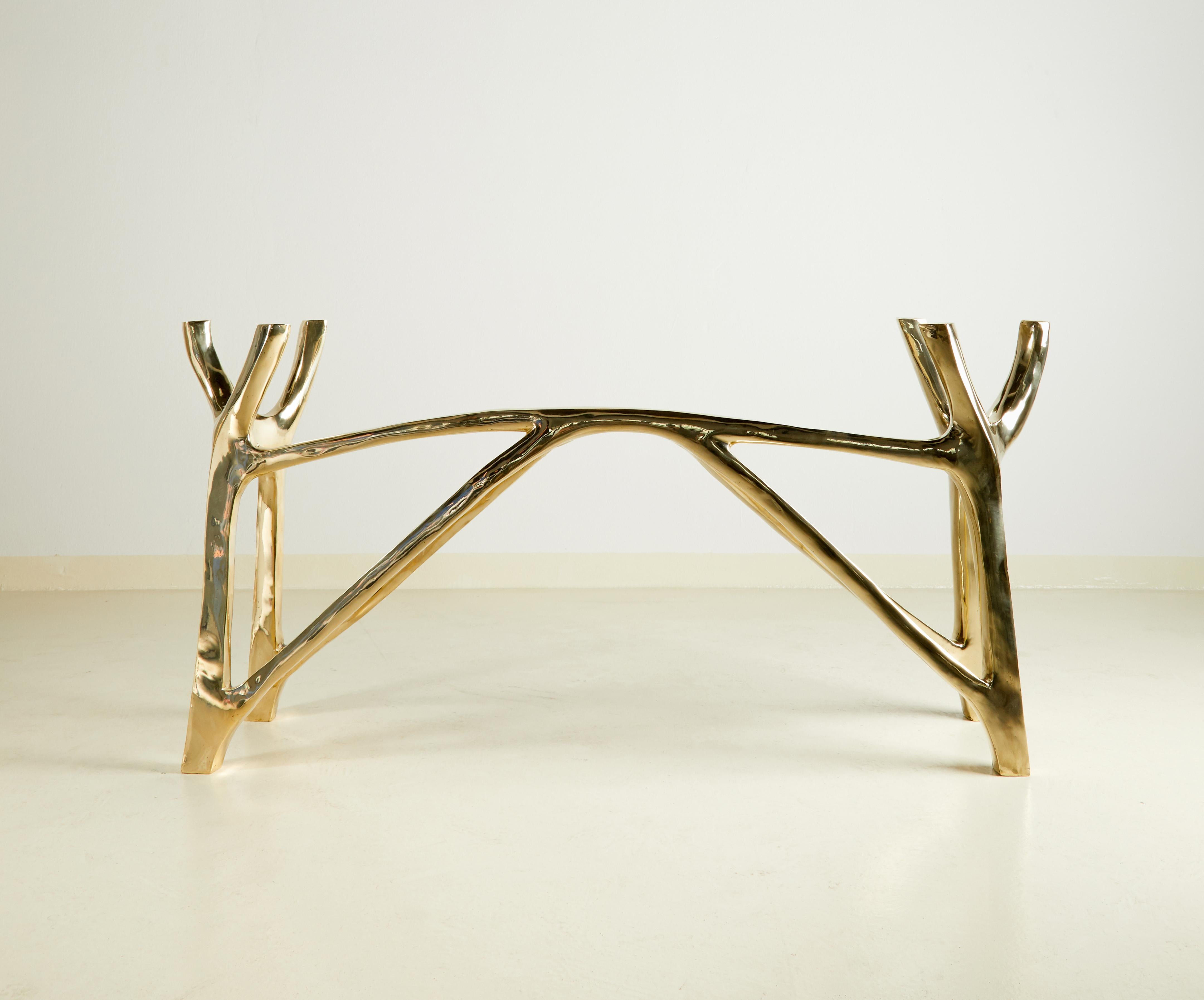 Post-Modern Brass Sculpted Console Table, Golden Symmetry, Misaya For Sale