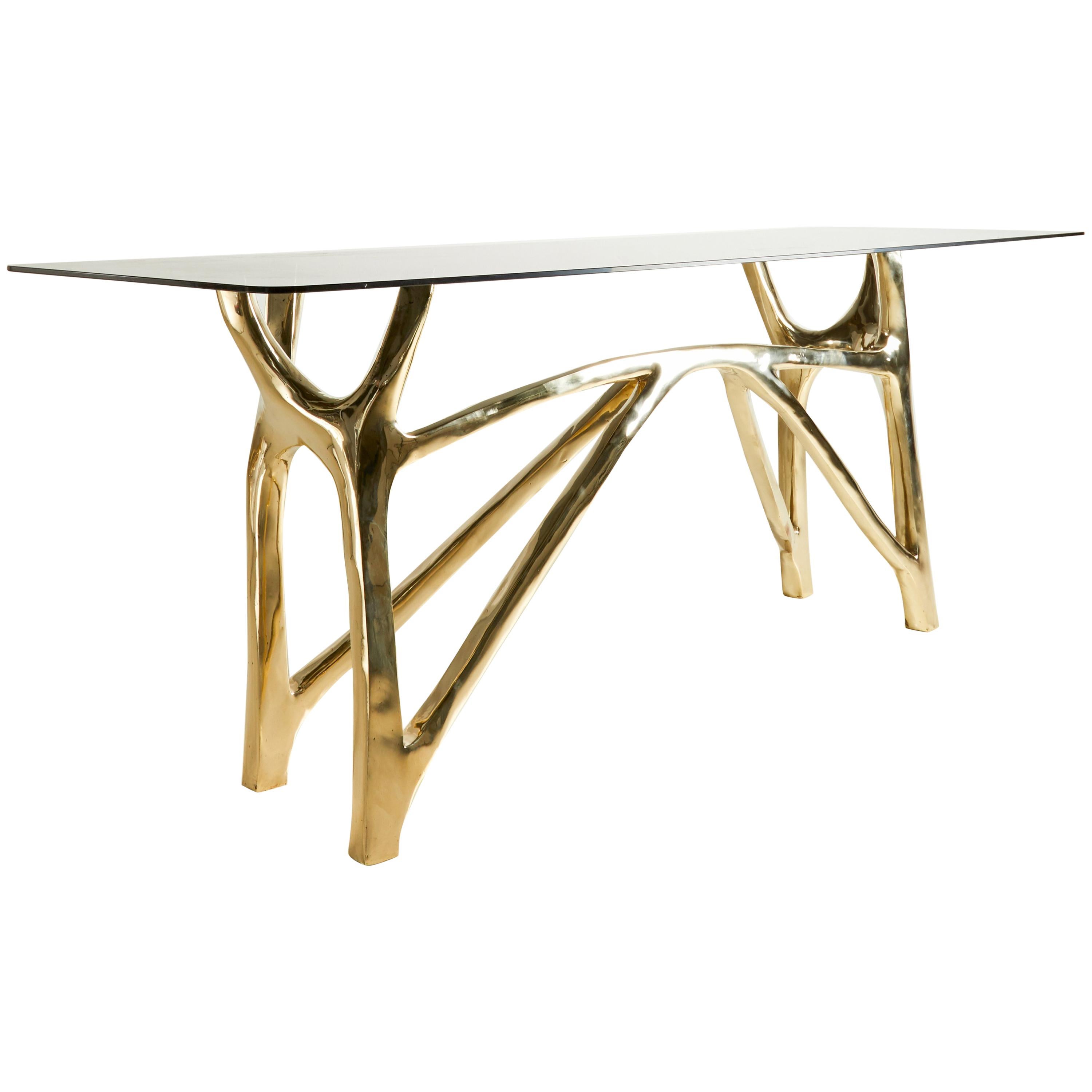 Brass Sculpted Console Table, Golden Symmetry, Misaya