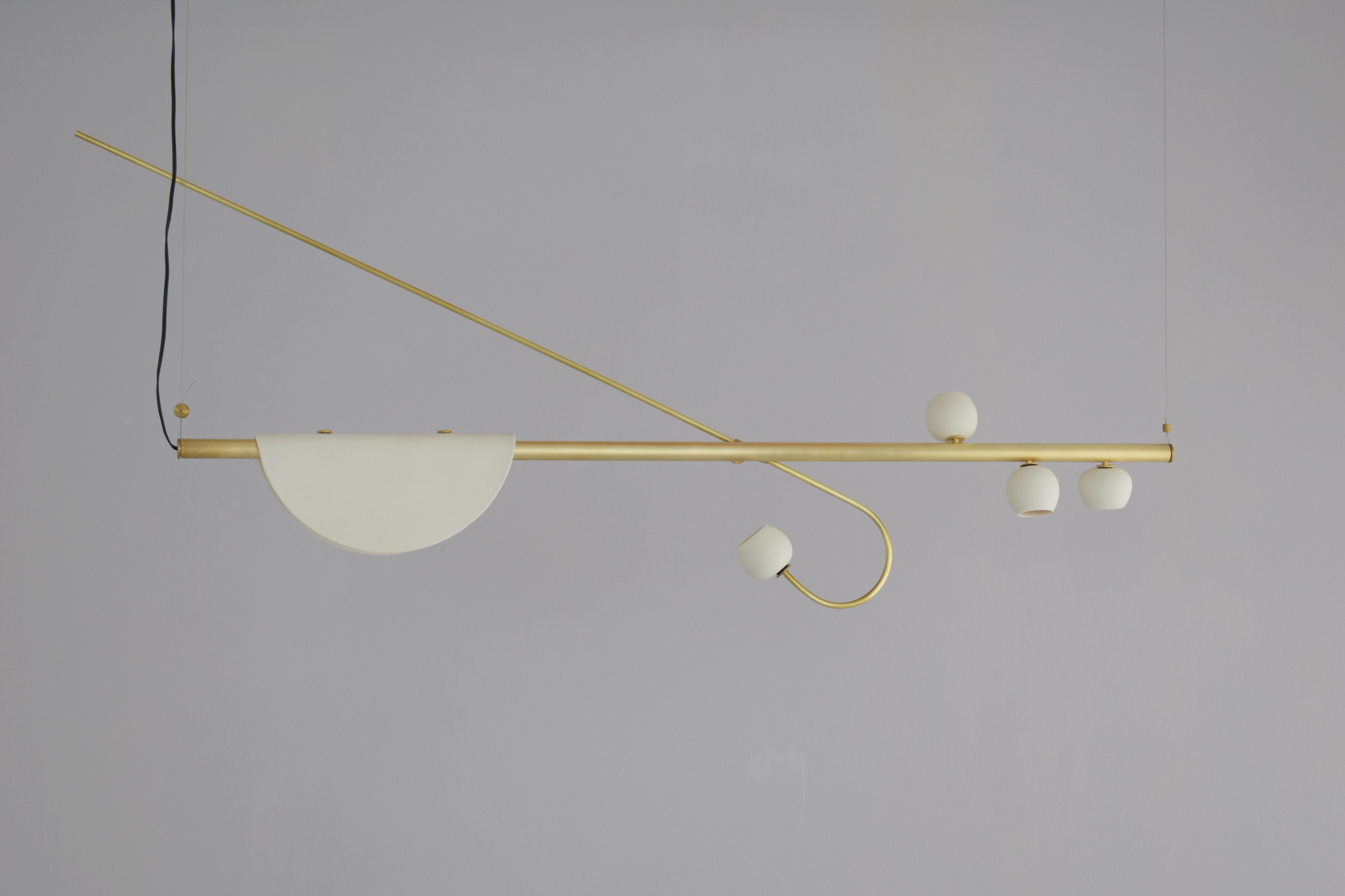 Brass sculpted light suspension - My Queen IV - Signed Periclis Frementitis

Dimensions: 140 x 65 x 15 cm
Materials: Sculpted brass, porcelain, LED bulbs.
Limited Edition of 7 pieces per year

Bulb specifications: G4 LED - 3W - 12V. 300lm -