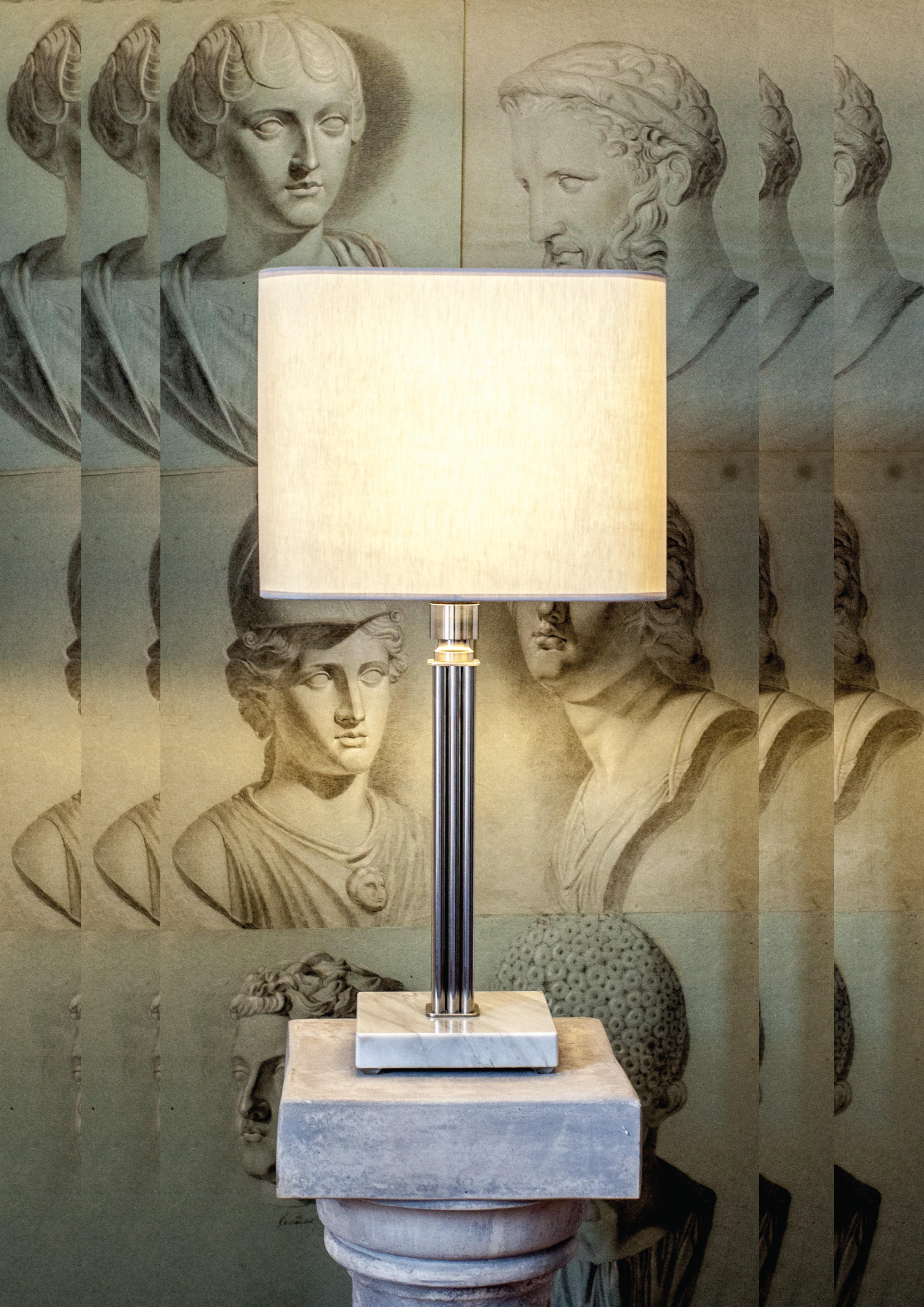 Brass sculpted table lamp by Brajak Vitberg
ATHENS 1.2
Mura marble (also available with Carrara marble)
Polished brass
Dimensions: 71 x 33 x 33 cm
white or black cotton lampshade, cotton wiring


Bijelic and Brajak are two architects from Ljubljana,