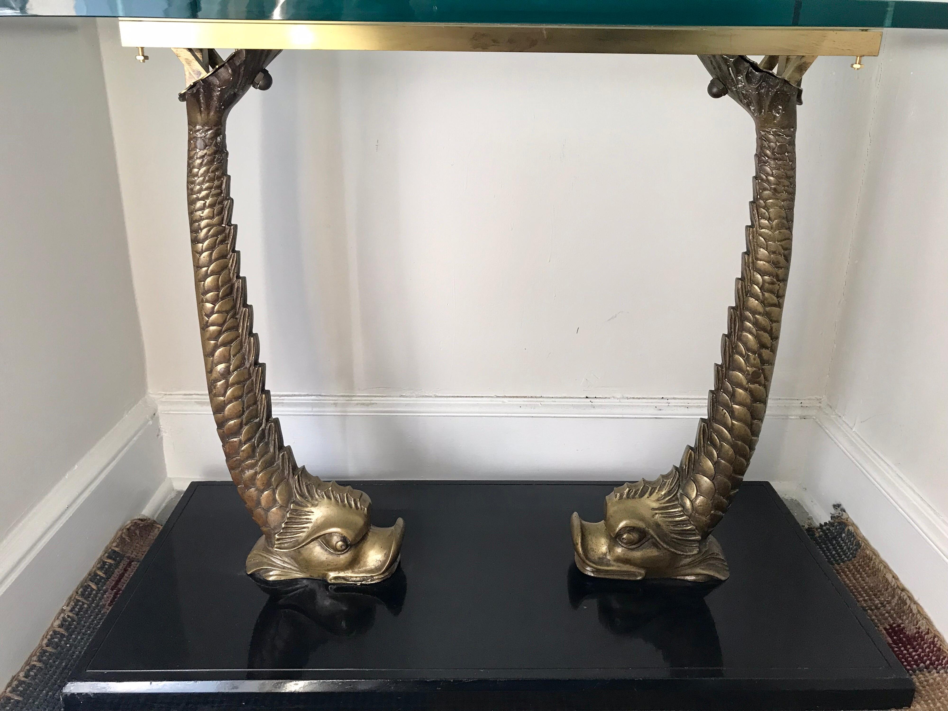 Hollywood Regency Brass Sculptural Koi Fish and Glass Console Table Made in Italy