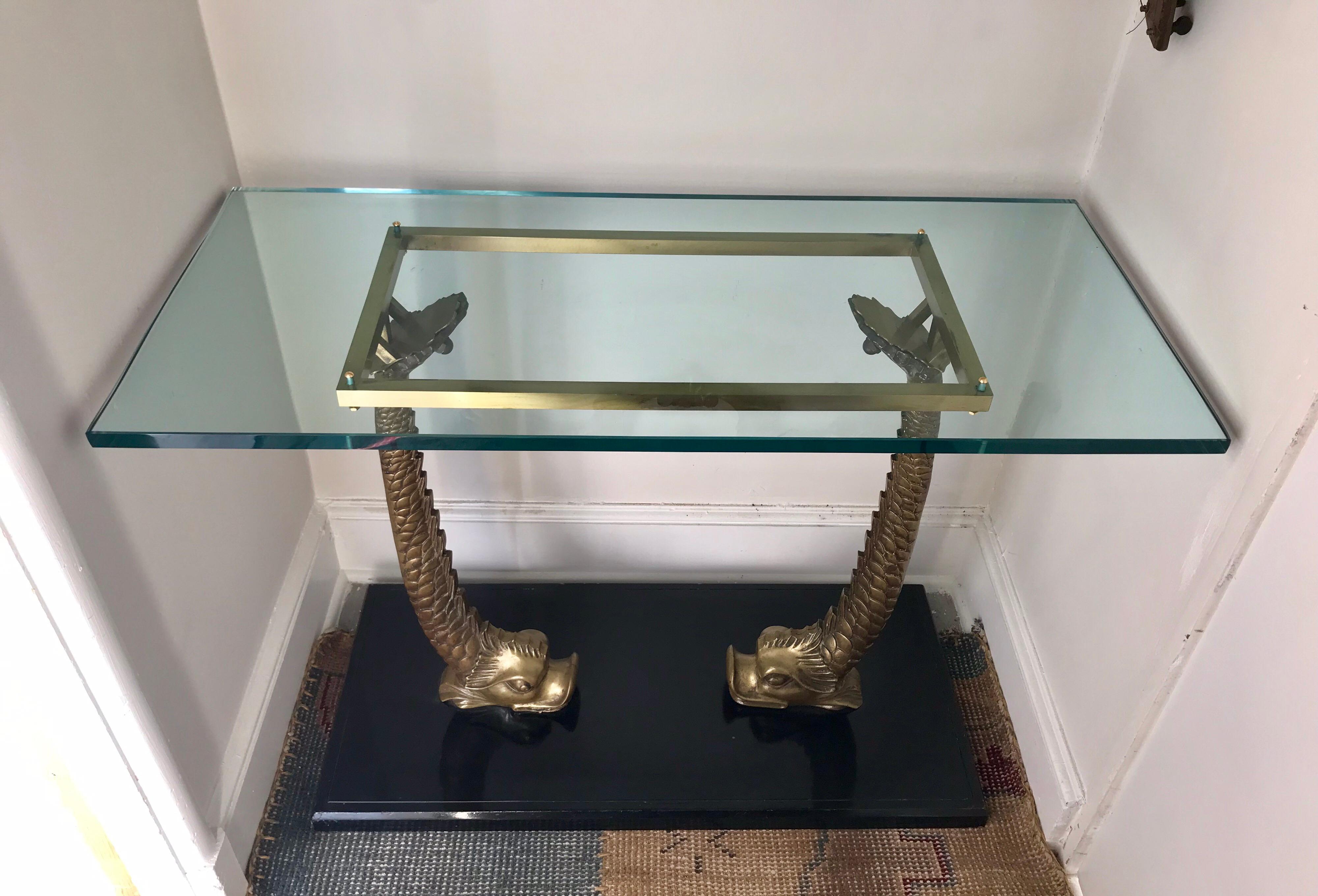 Italian Brass Sculptural Koi Fish and Glass Console Table Made in Italy