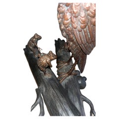 Pair of Brass Sculptures of Dancing Frogs and Stork on Birch Plinth Base