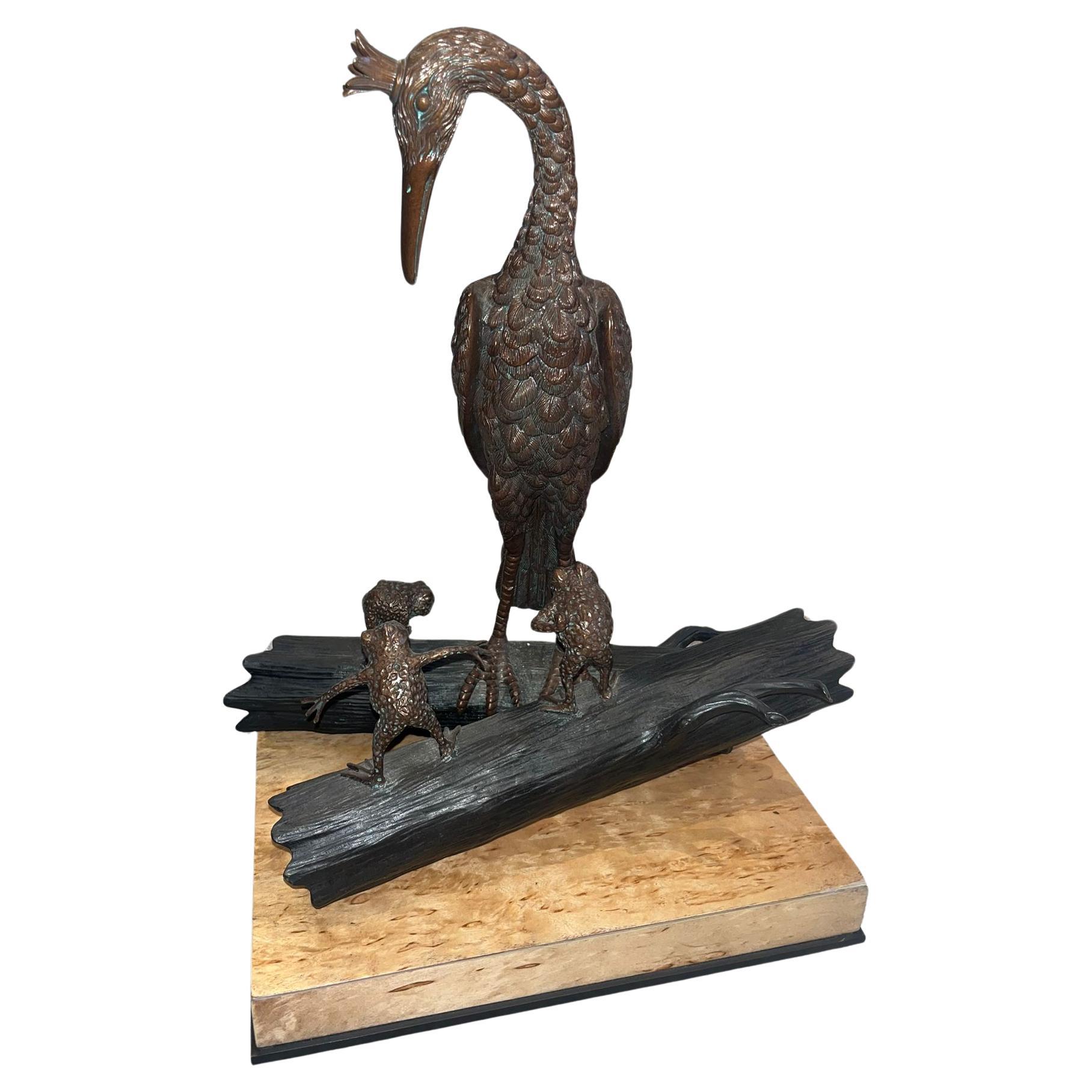 Vietnamese Pair of Brass Sculptures of Dancing Frogs and Stork on Birch Plinth Base For Sale