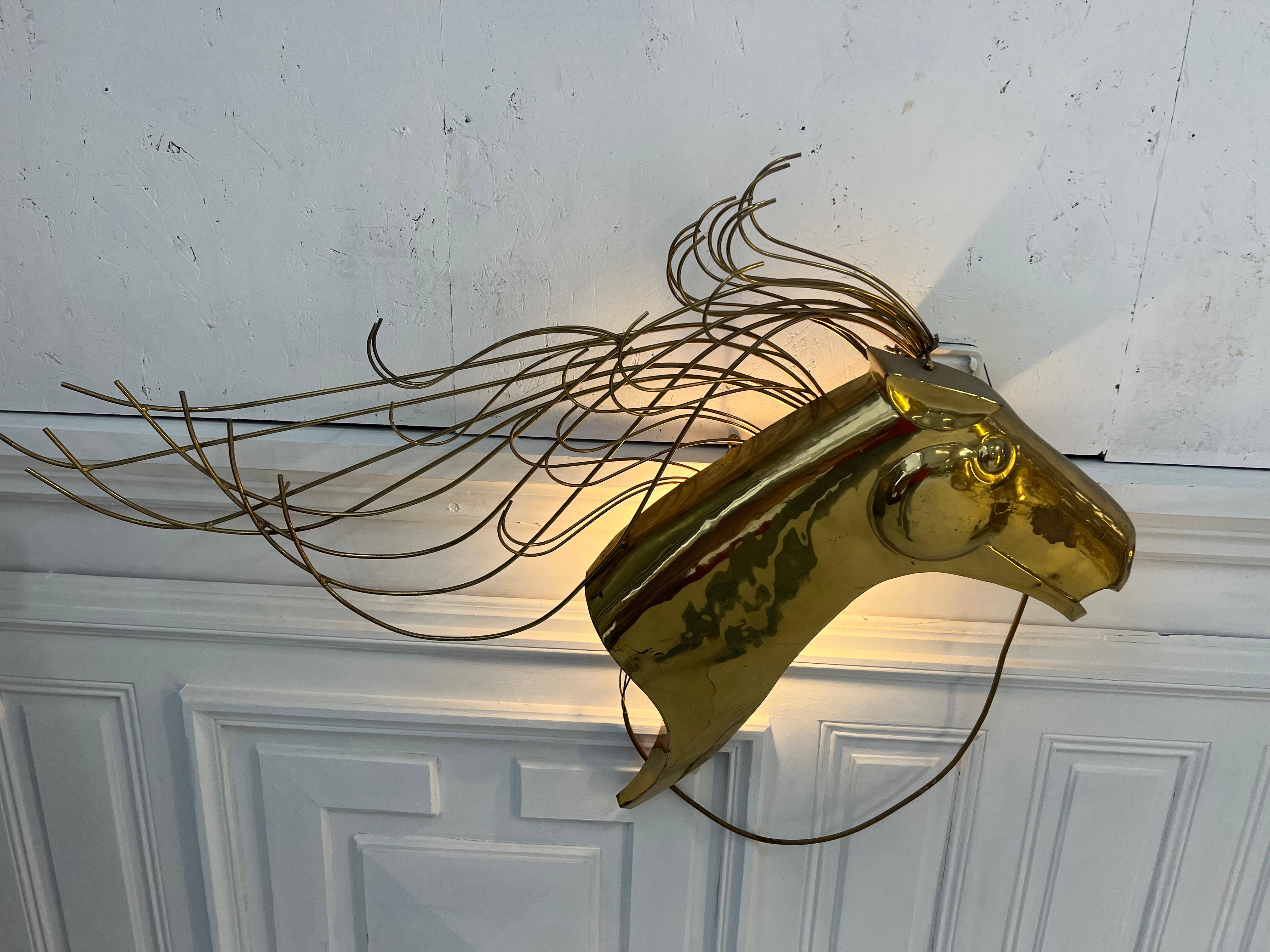 Brass Sculpture by Curtis Jere 1980s Wall Sconce Head Horse For Sale 1