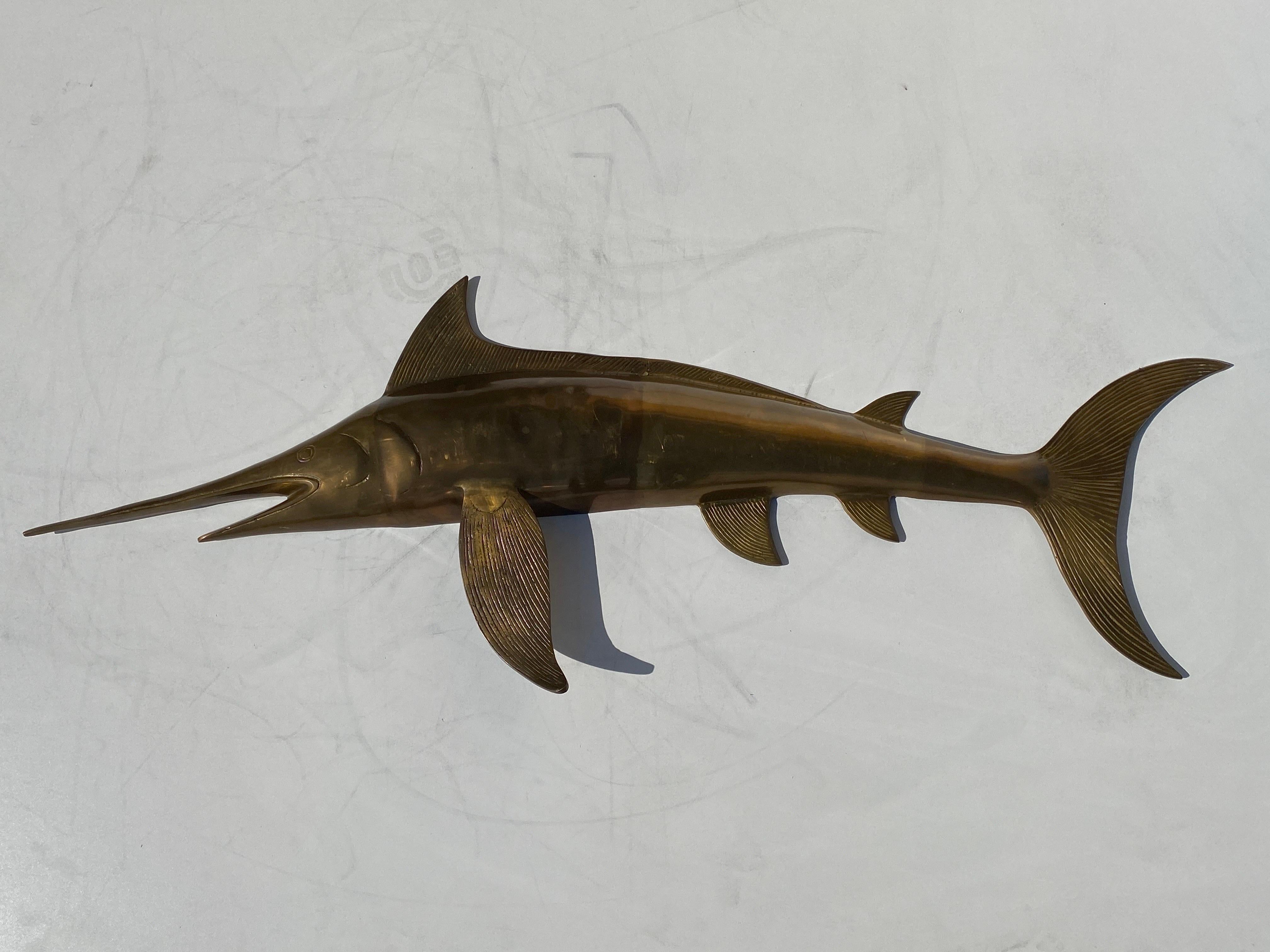 Patinated brass wall hanging sculpture of a swordfish. Shabby Chic - Beach decor.