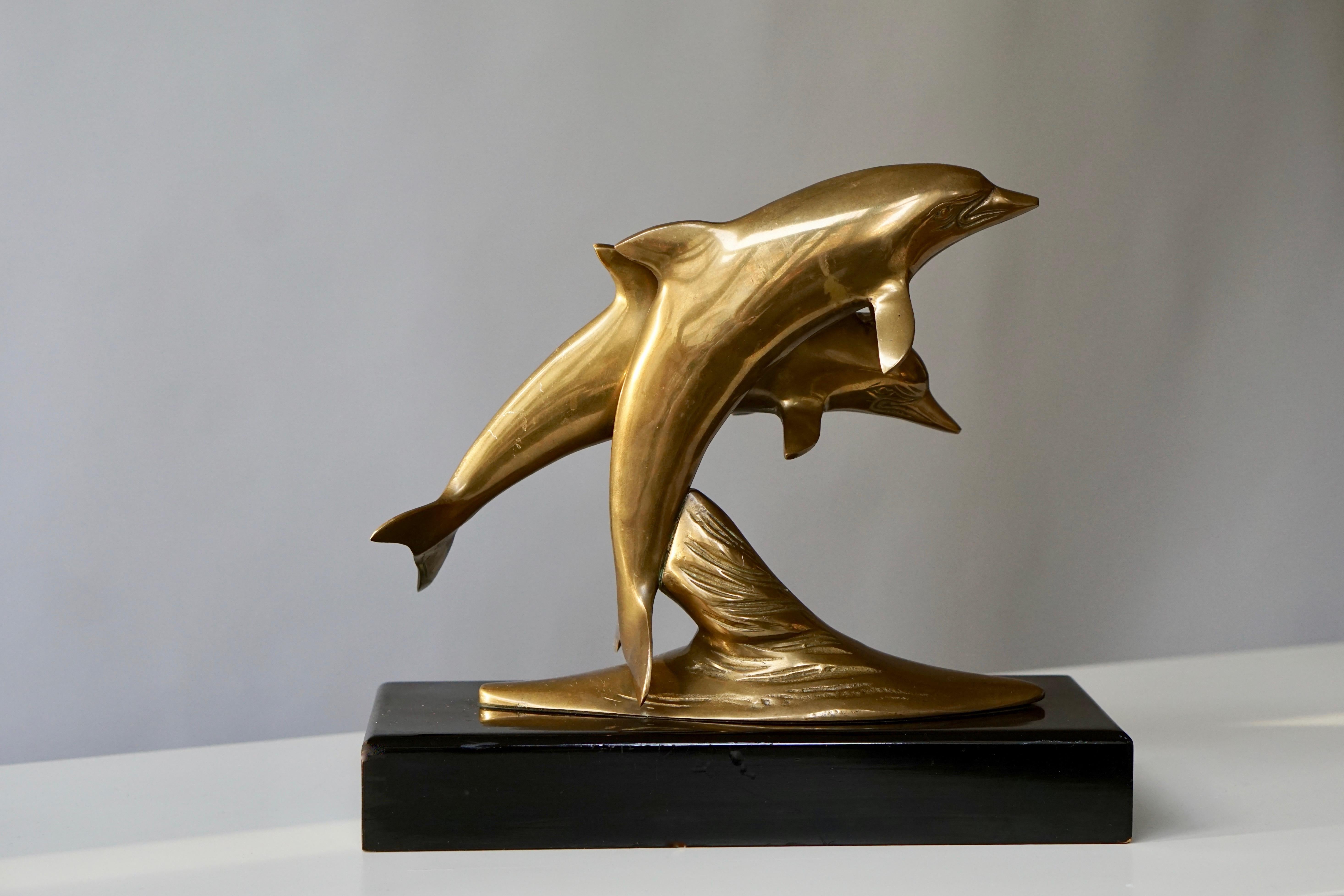 Mid-Century Modern Brass Sculpture of Dolphins