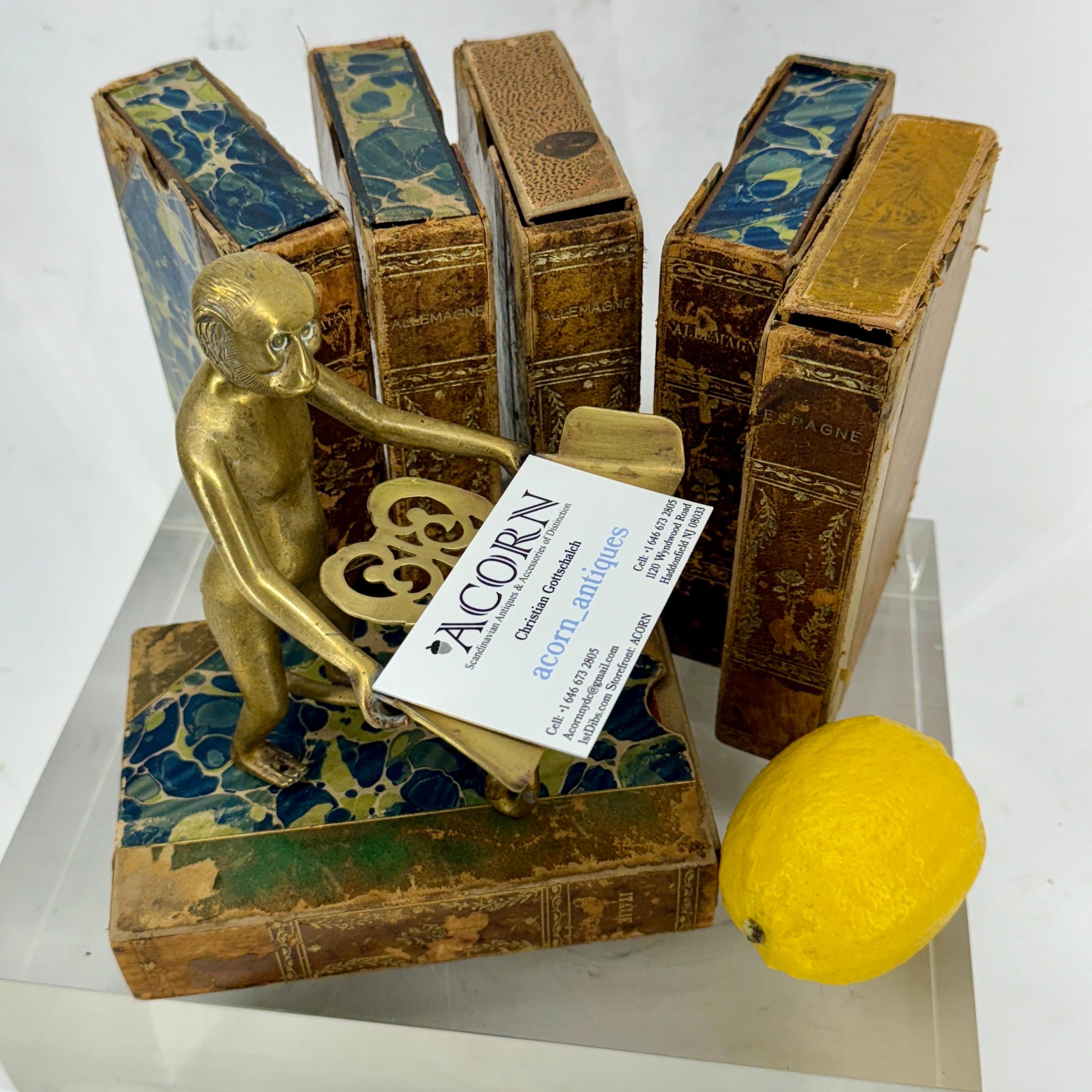Folk Art Brass Sculpture of Monkey Holding Business Card Holder, Late 19th Century For Sale