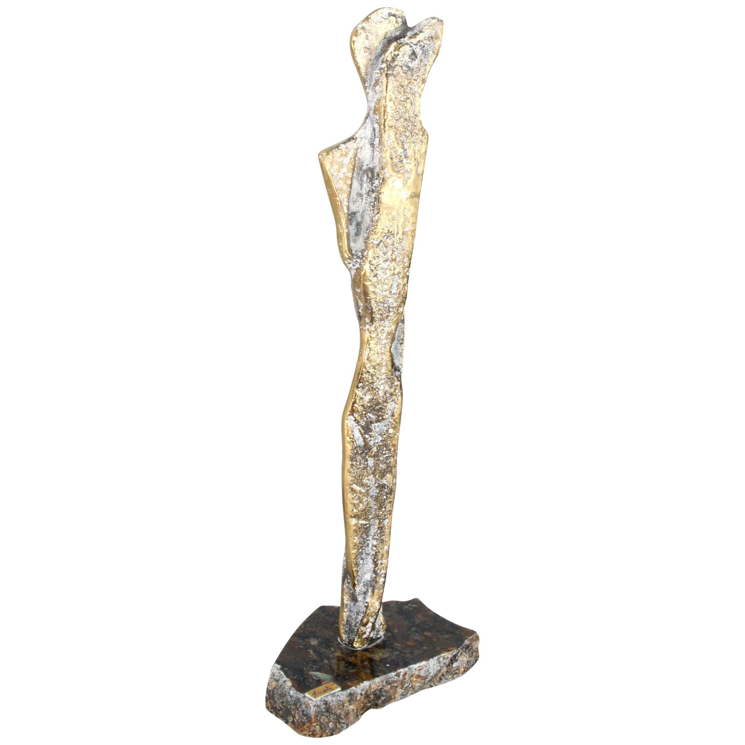 Brass Sculpture on Marble Base Signed by Unknown Artist Mid-Century Modern