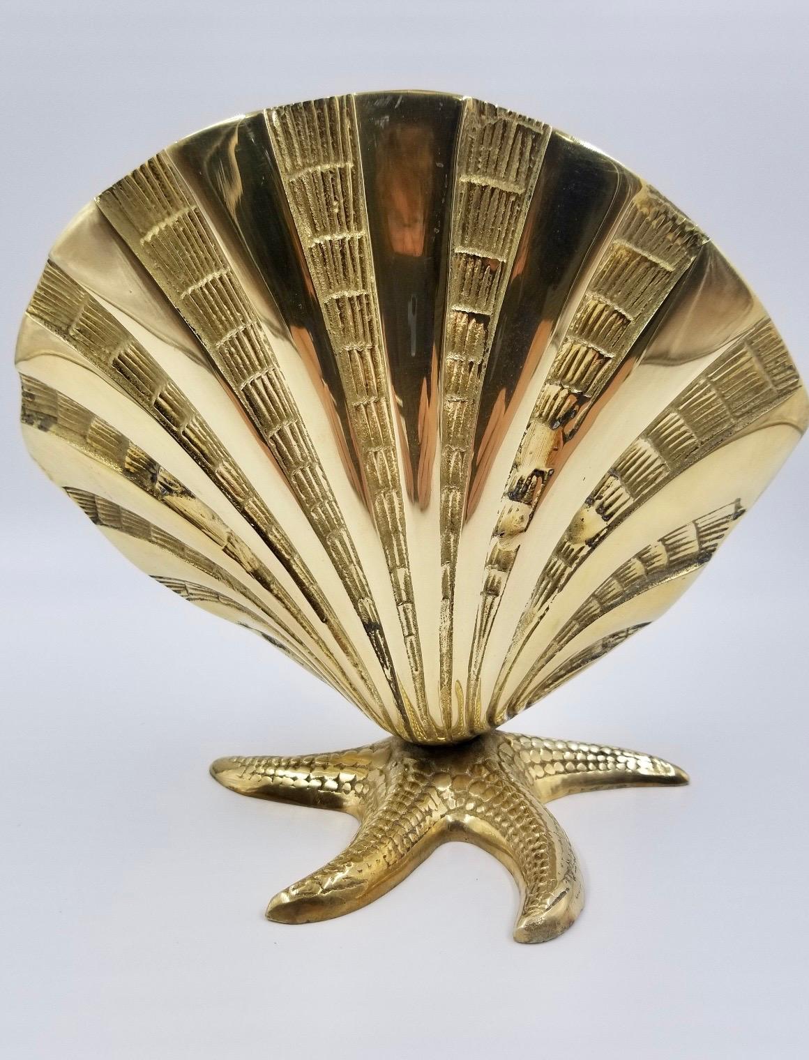 Brass Sea Shell Nautilus Planter on Starfish Base In Good Condition In New York, NY