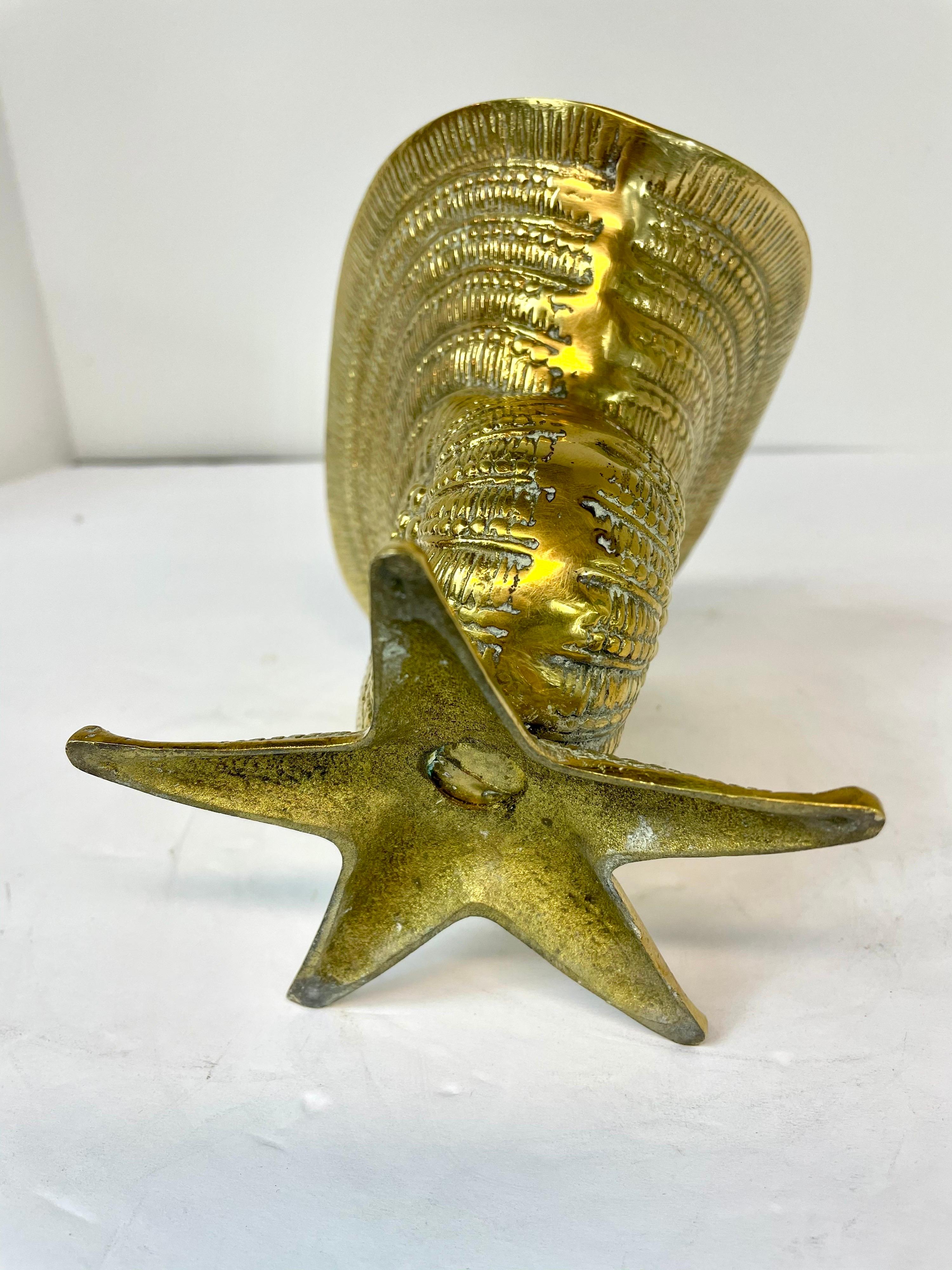 Brass Sea Shell on Starfish Base Nautilus Planter In Good Condition In New York, NY