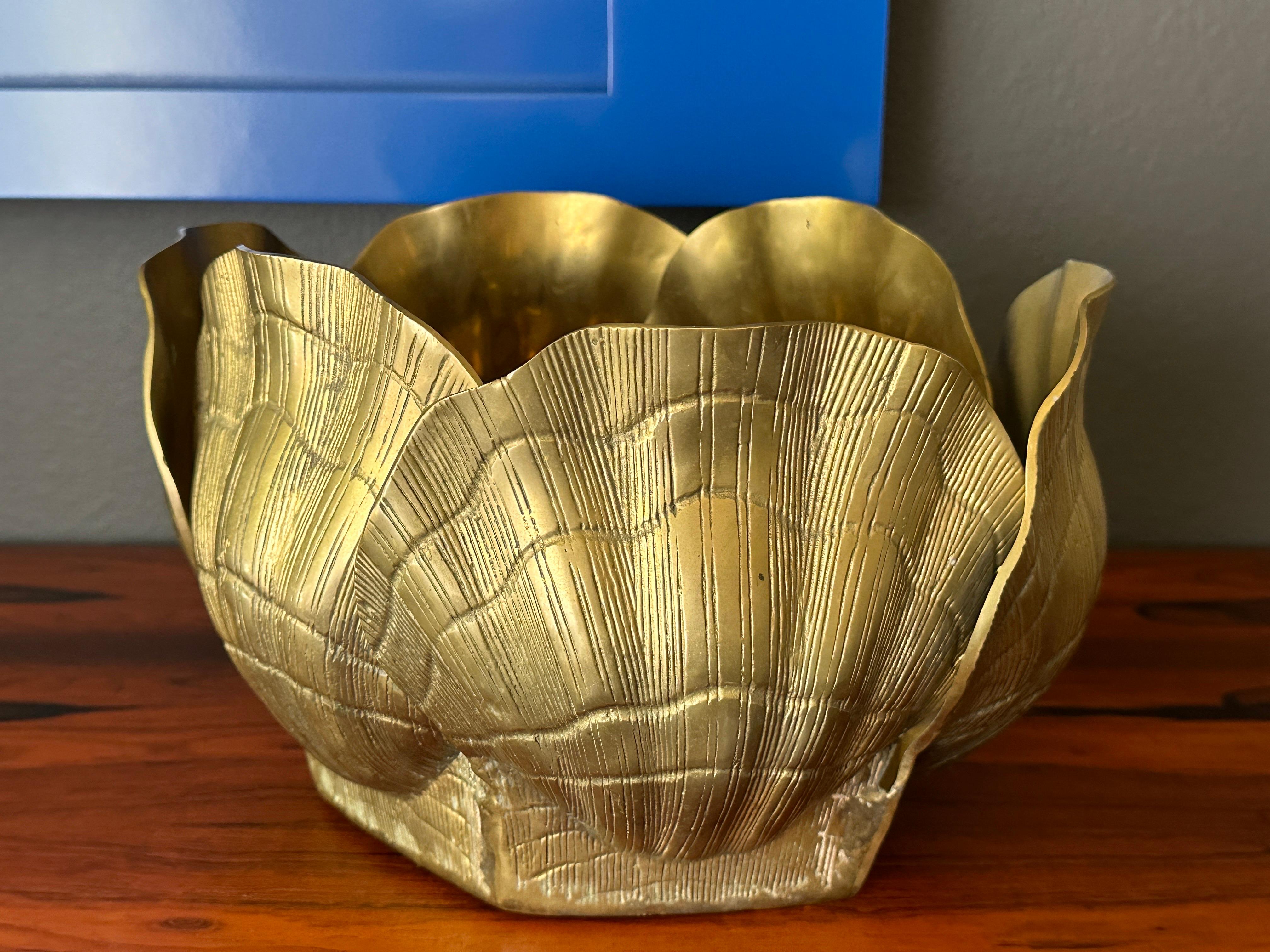 Patinated brass sea shell oval planter jardiniere .