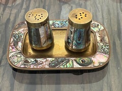 Brass Sea Shell Salt and Pepper Shakers on Tray with Abalone