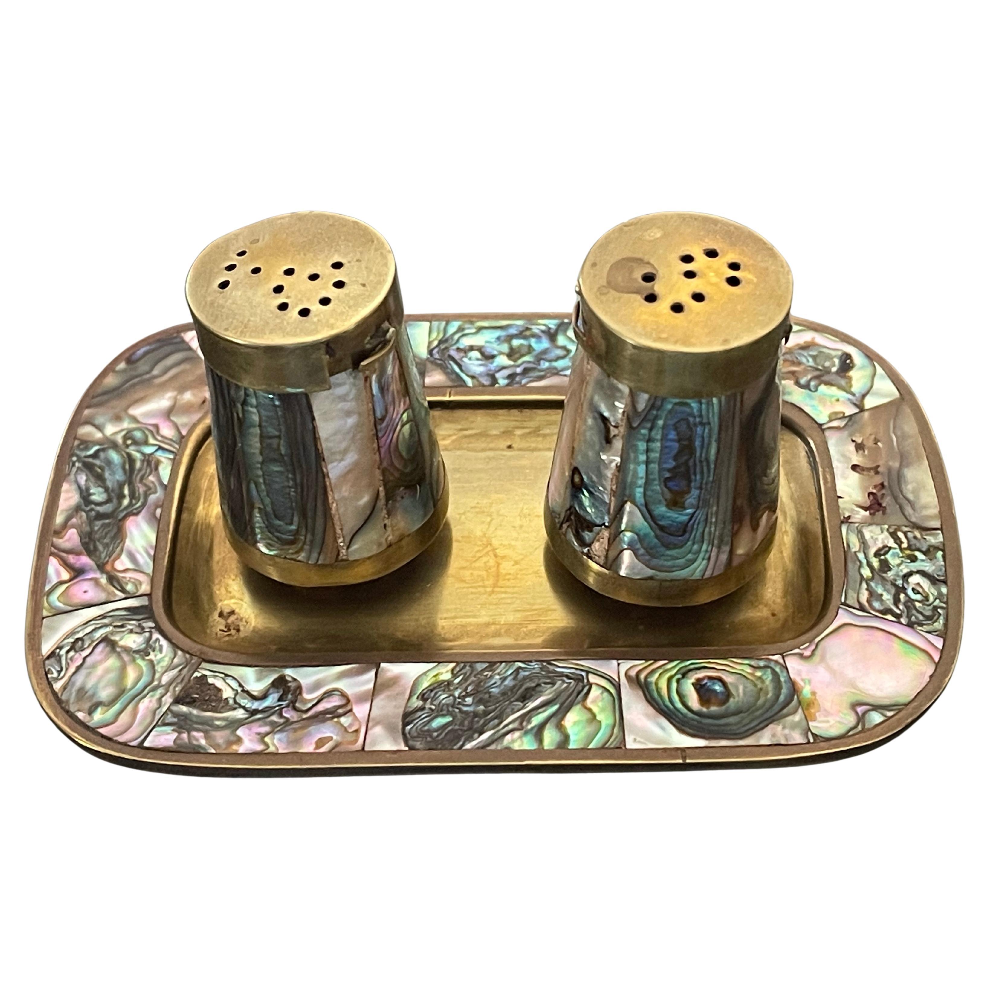 Brass Sea Shell Salt and Pepper Shakers on Tray For Sale