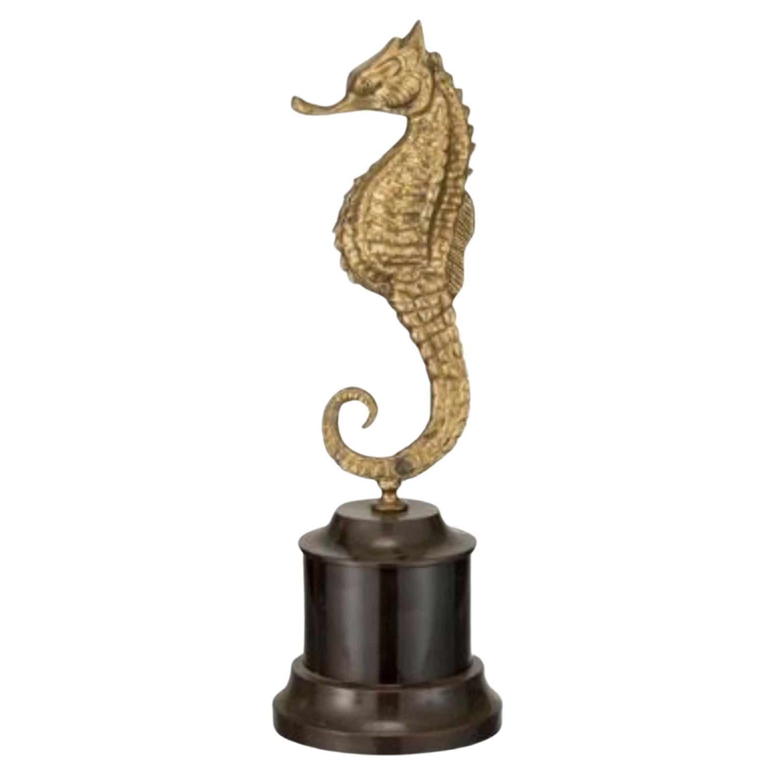 Ariel brass seahorse with black marble base For Sale