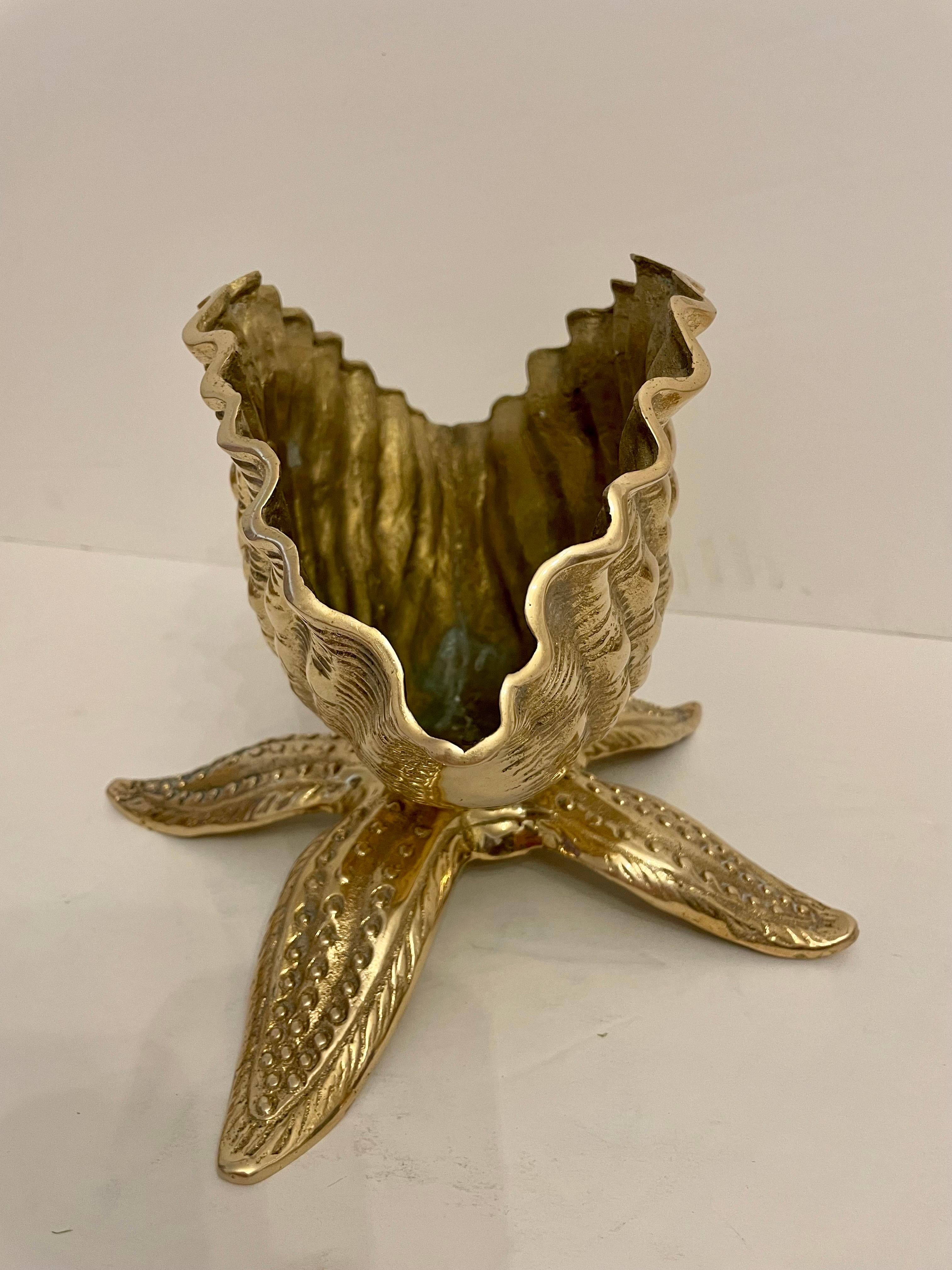 Cast Brass Seashell Nautilus Planter on Starfish Base