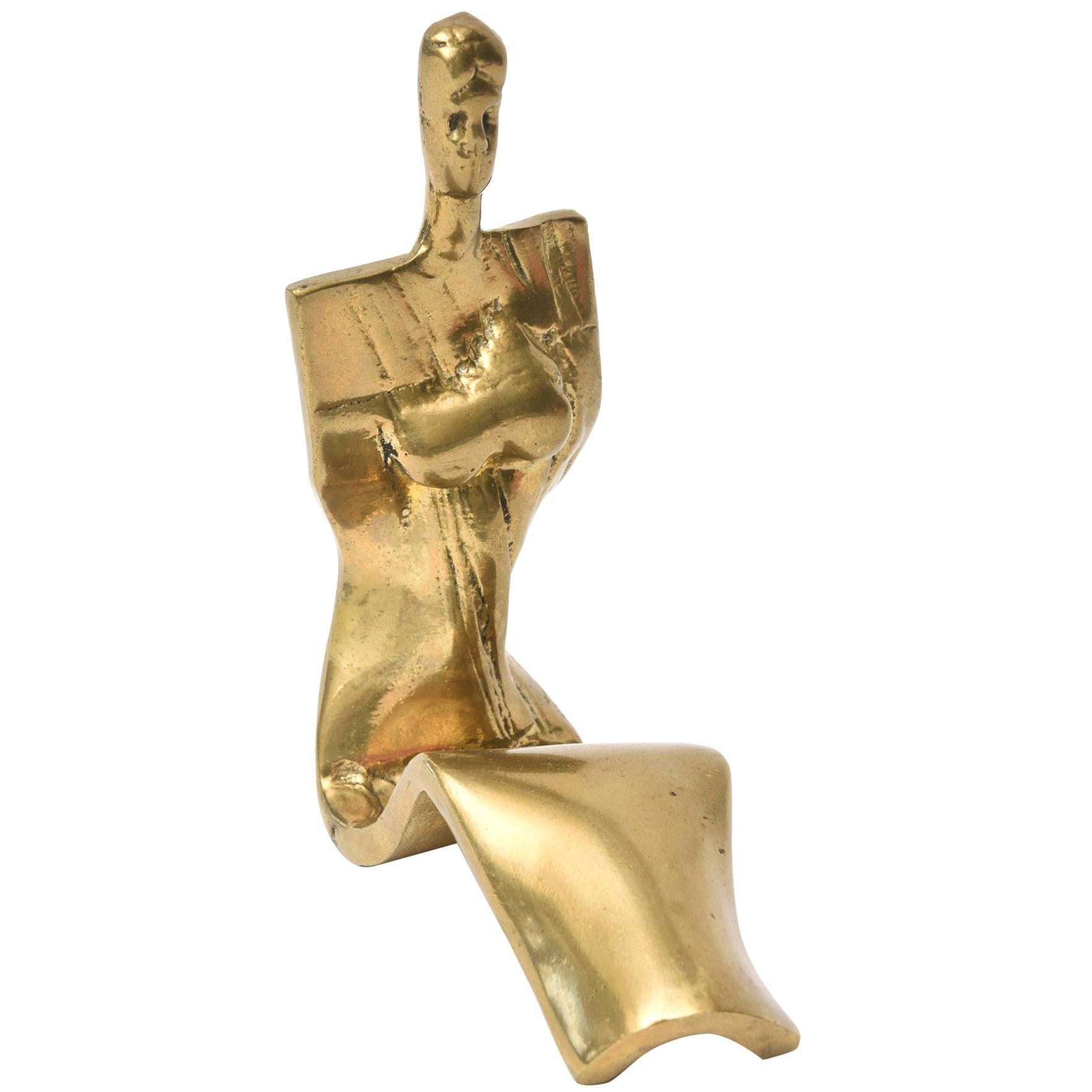  Brass  Signed Woman Seated Vintage Sculpture  For Sale