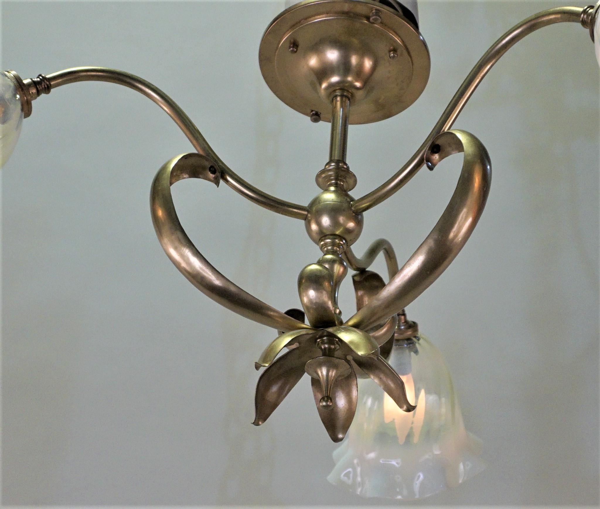 Arts and Crafts Brass semi Flush Arts & Craft Chandelier in W.A.S. Benson Style 