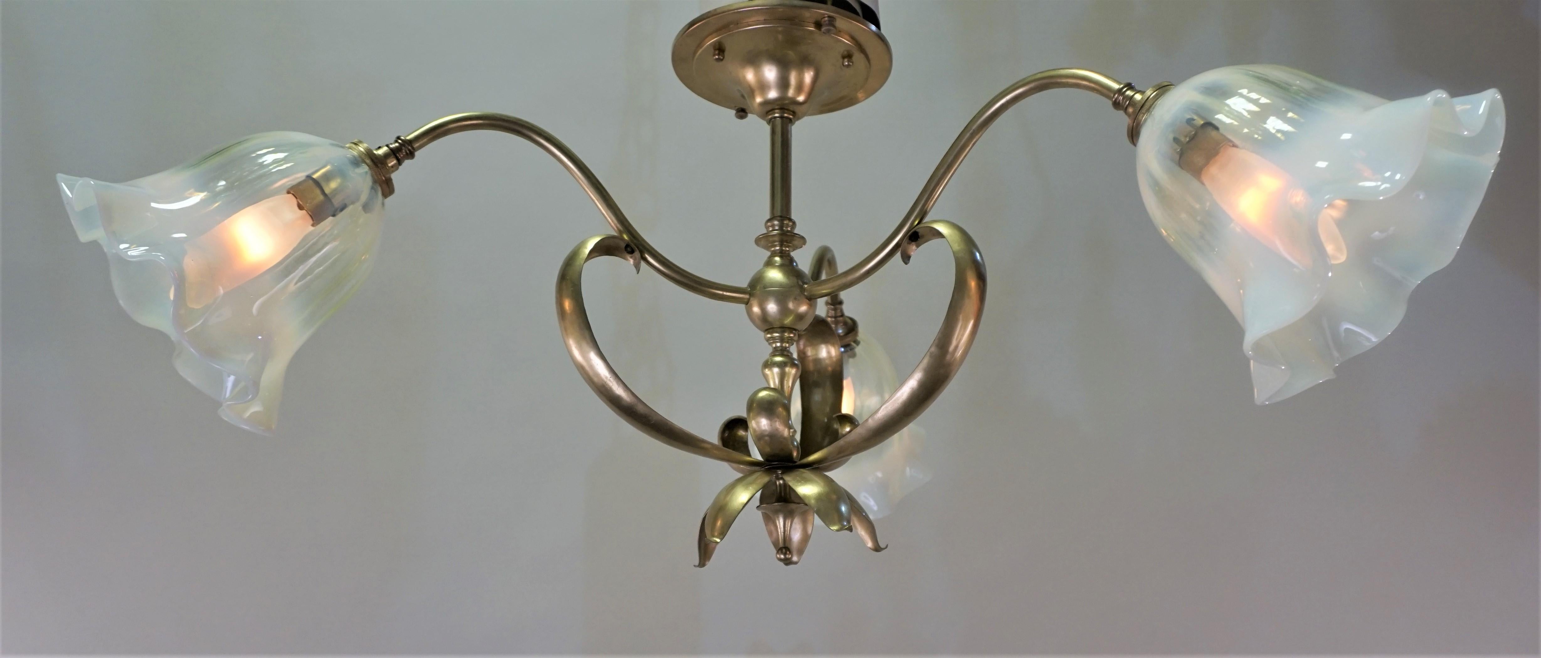 English Brass semi Flush Arts & Craft Chandelier in W.A.S. Benson Style 