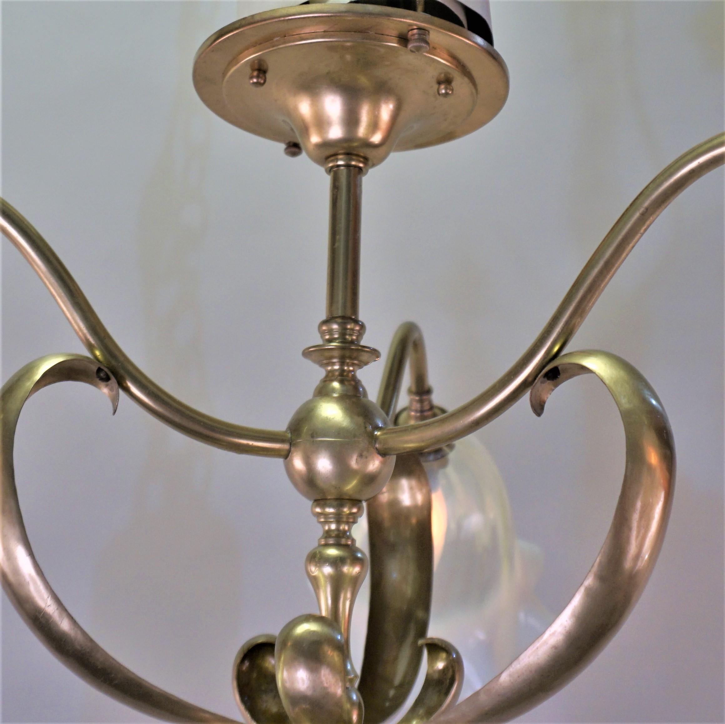 Brass semi Flush Arts & Craft Chandelier in W.A.S. Benson Style  In Good Condition In Fairfax, VA