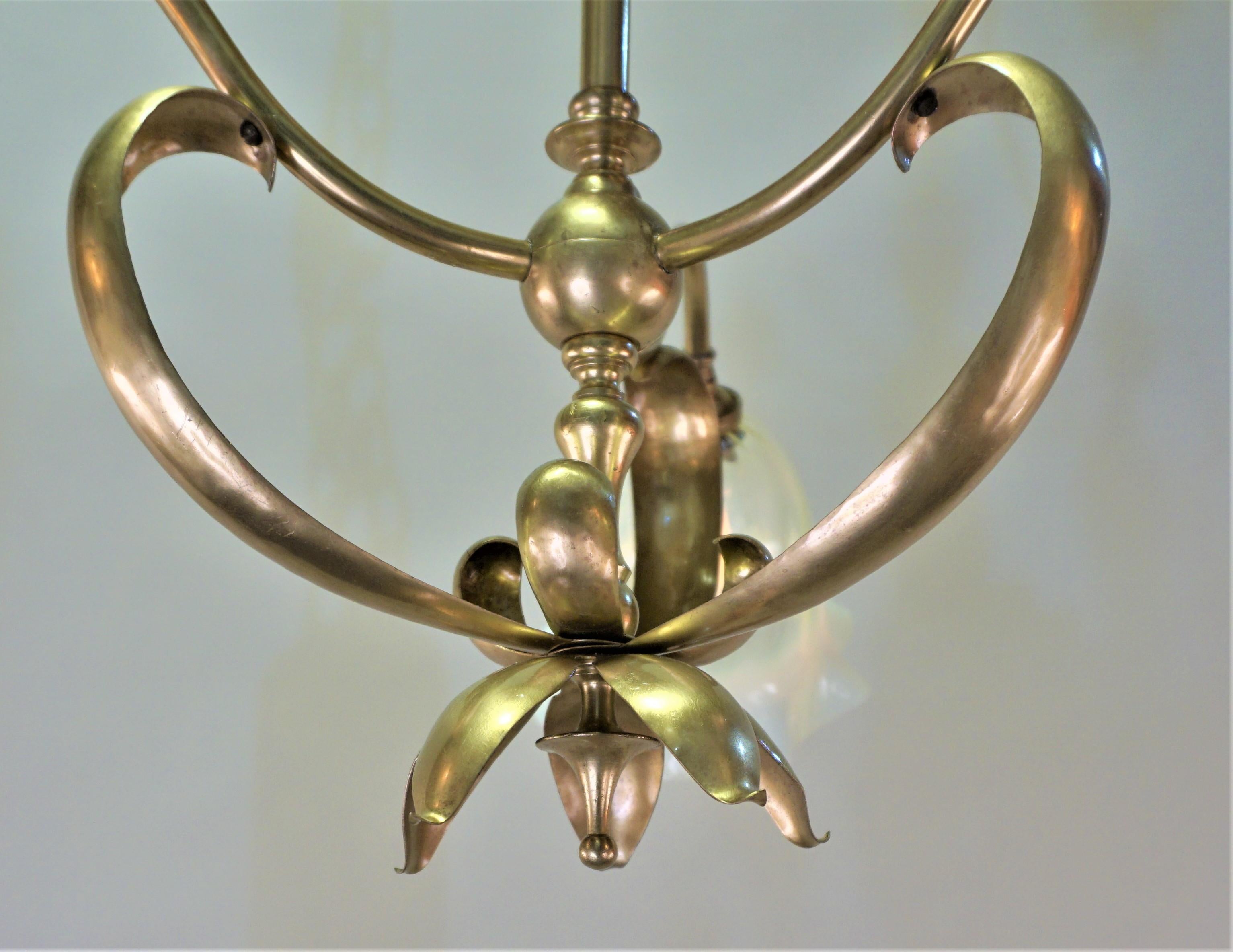 Early 20th Century Brass semi Flush Arts & Craft Chandelier in W.A.S. Benson Style 