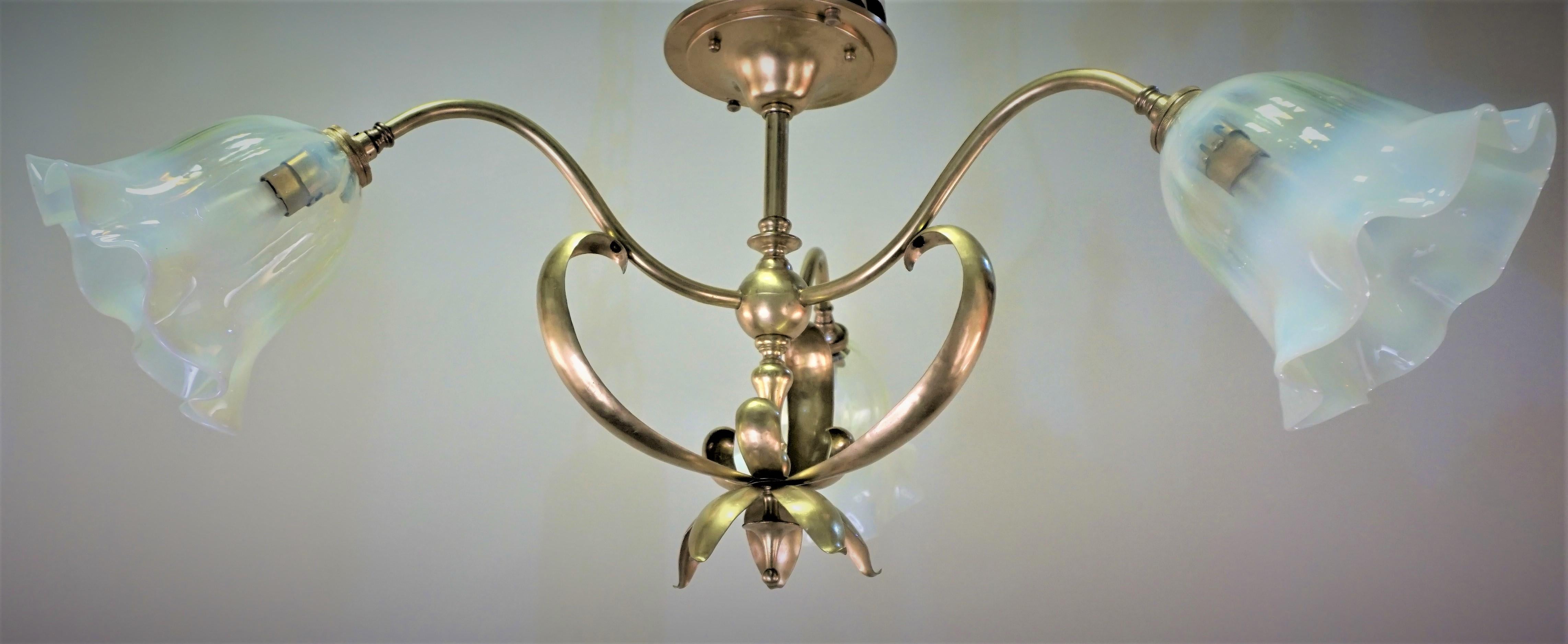 Brass semi Flush Arts & Craft Chandelier in W.A.S. Benson Style  2