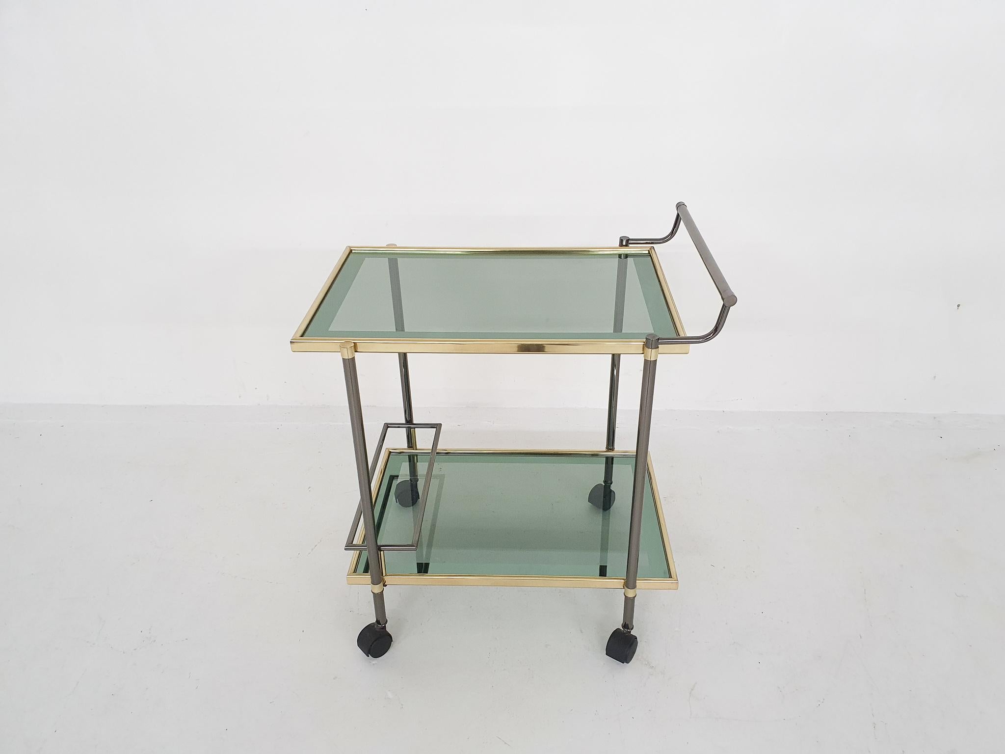 Mid-Century Modern Brass Serving Trolley / Bar Cart with Smoked Glass