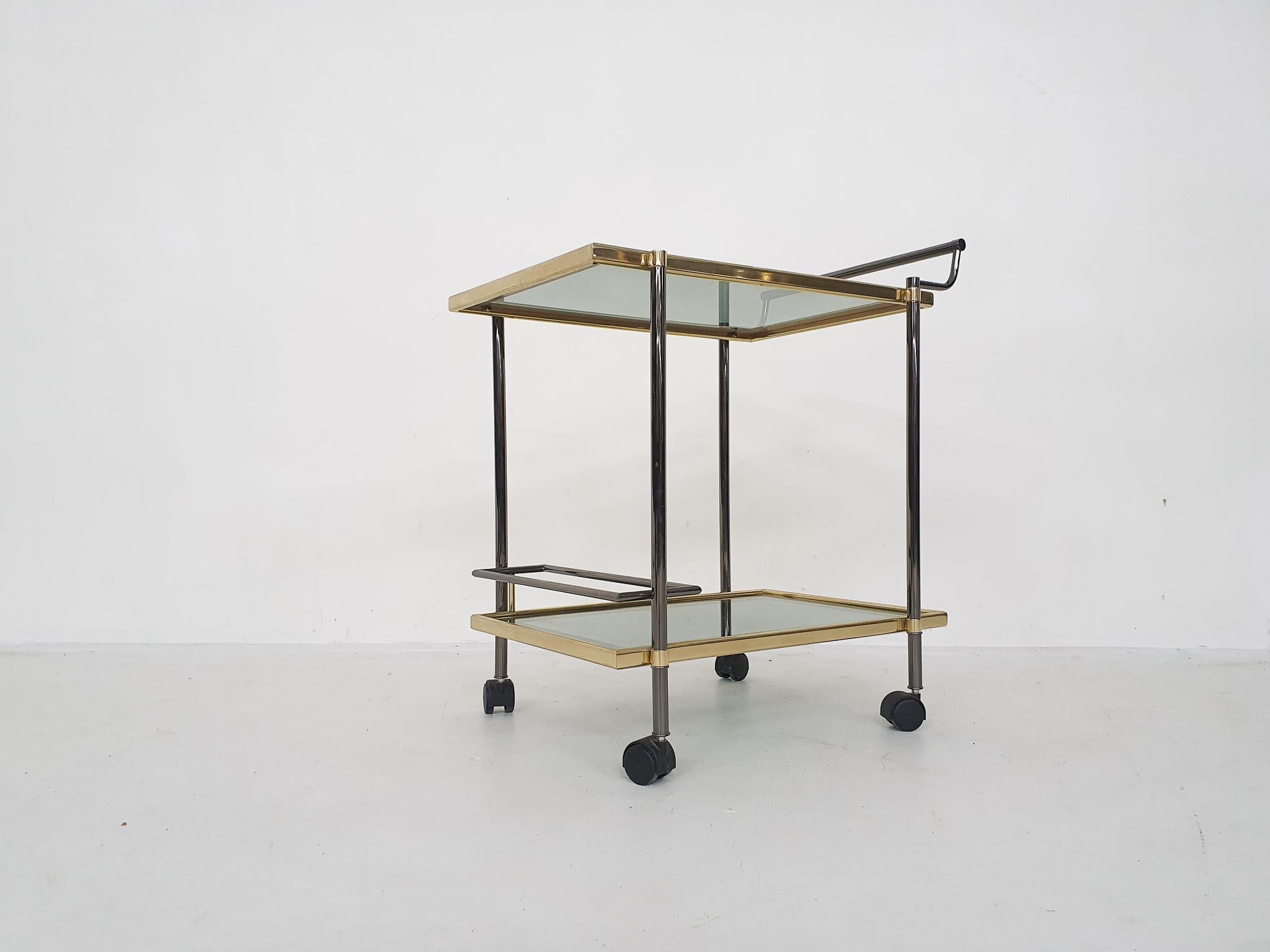 Late 20th Century Brass Serving Trolley / Bar Cart with Smoked Glass