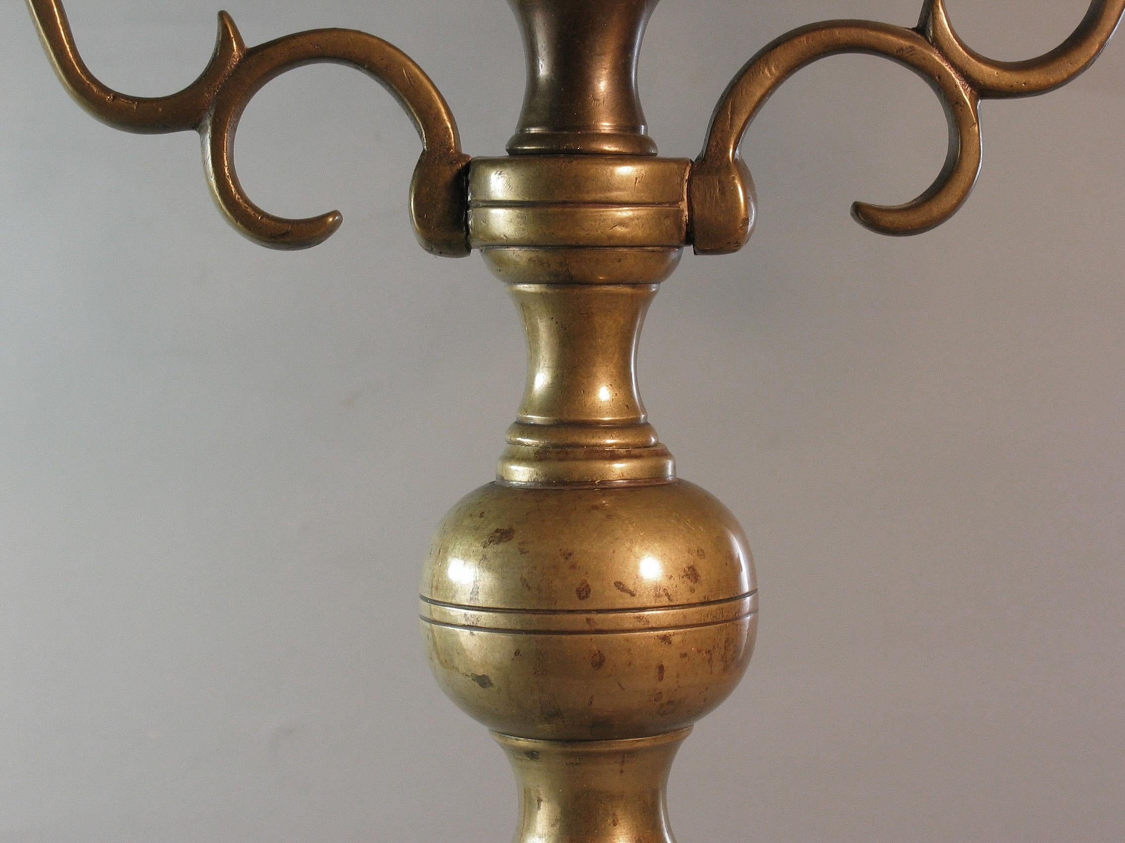 Brass Seven Branch Table Candelabrum, Possibly Silesia, 19th Century 1