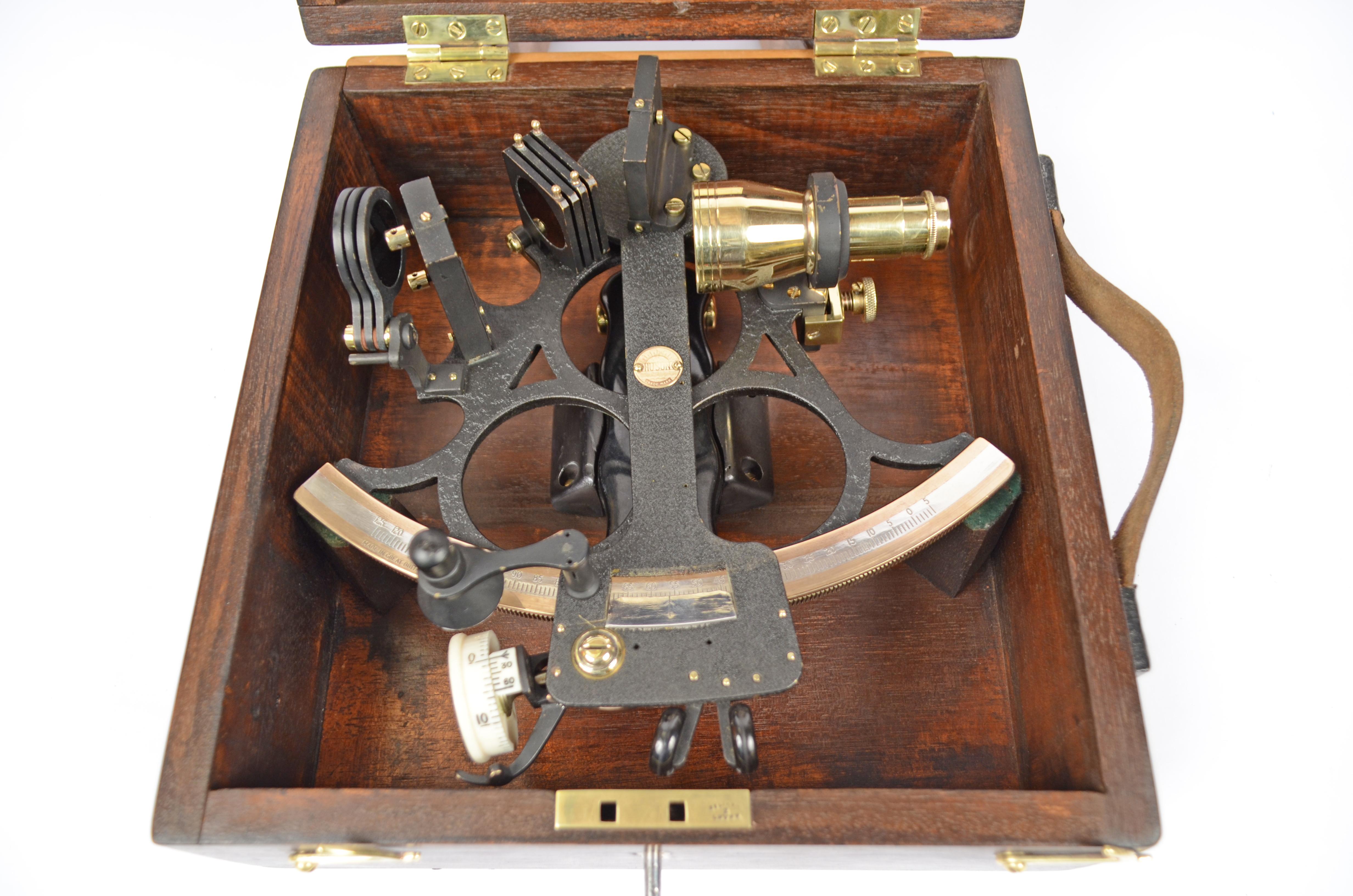 British Brass Sextant in its Original Oak Wood Box, 1940s