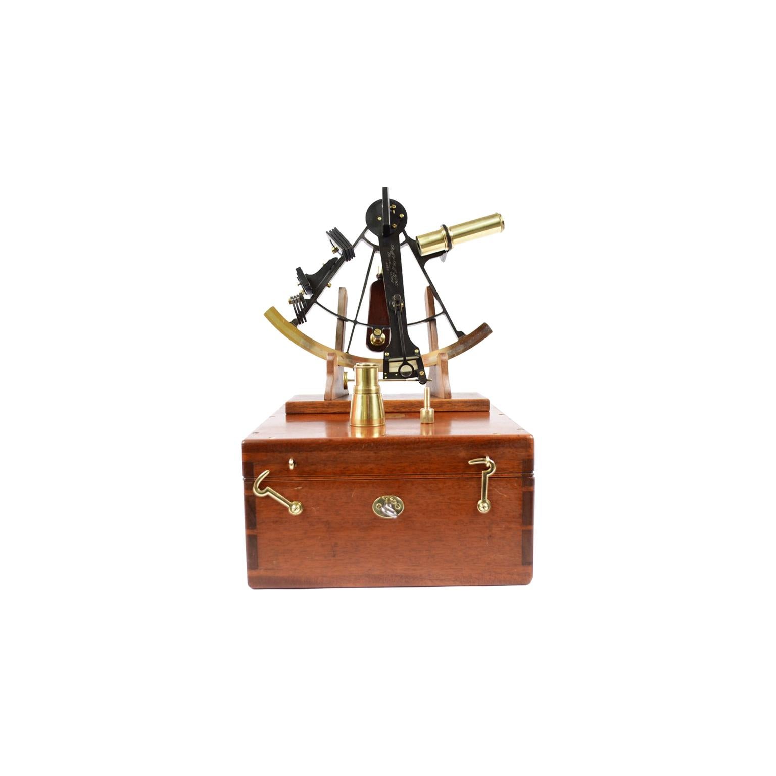 Brass Sextant in Mahogany Box Signed Buff & Buff Mfg Co Boston USA, Early 1900s