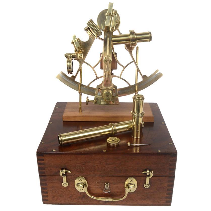 Brass Sextant Made in the Mid-19th Century in its Mahogany Box