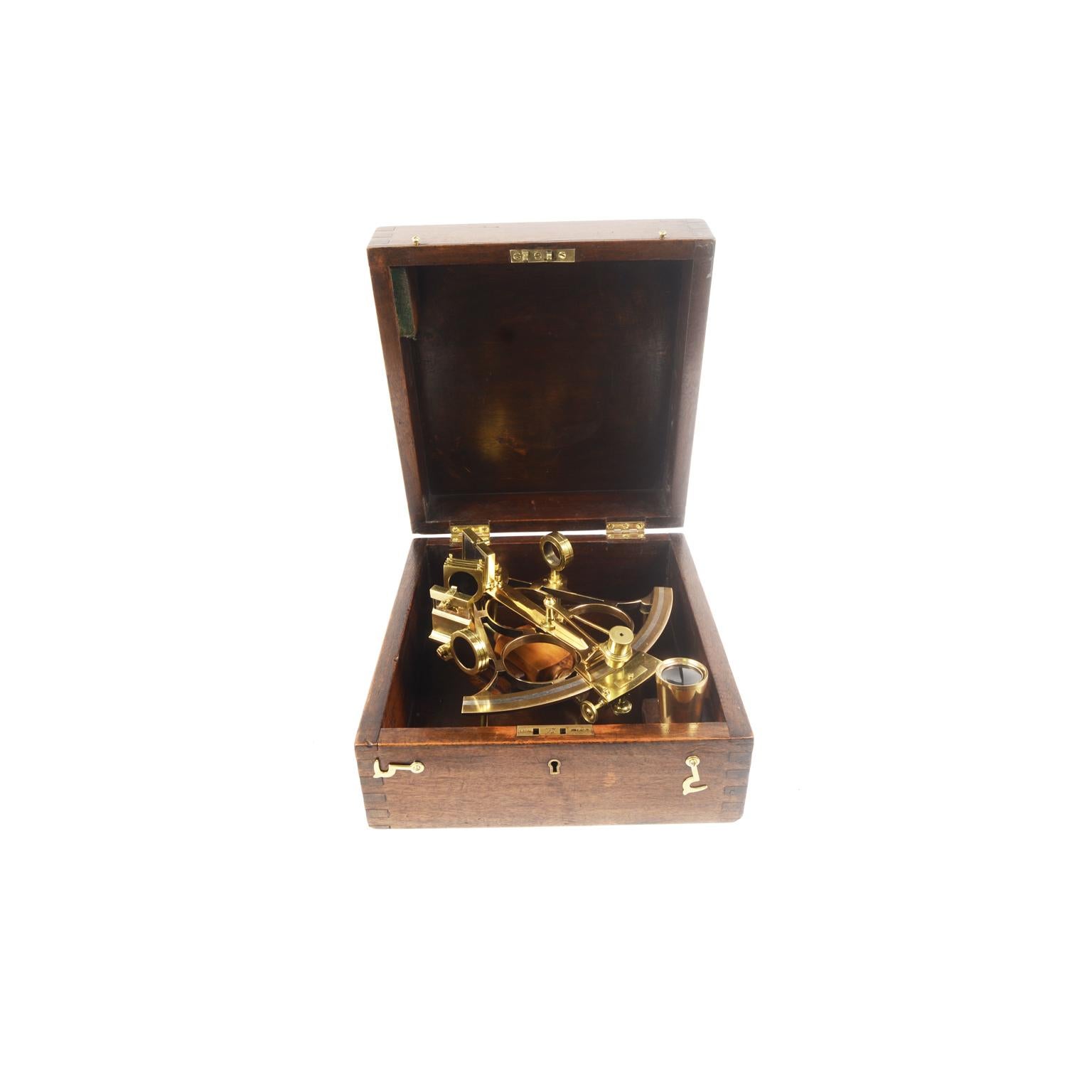 British Brass Sextant Made in the Second Half of the 19th Century in Its Original Box
