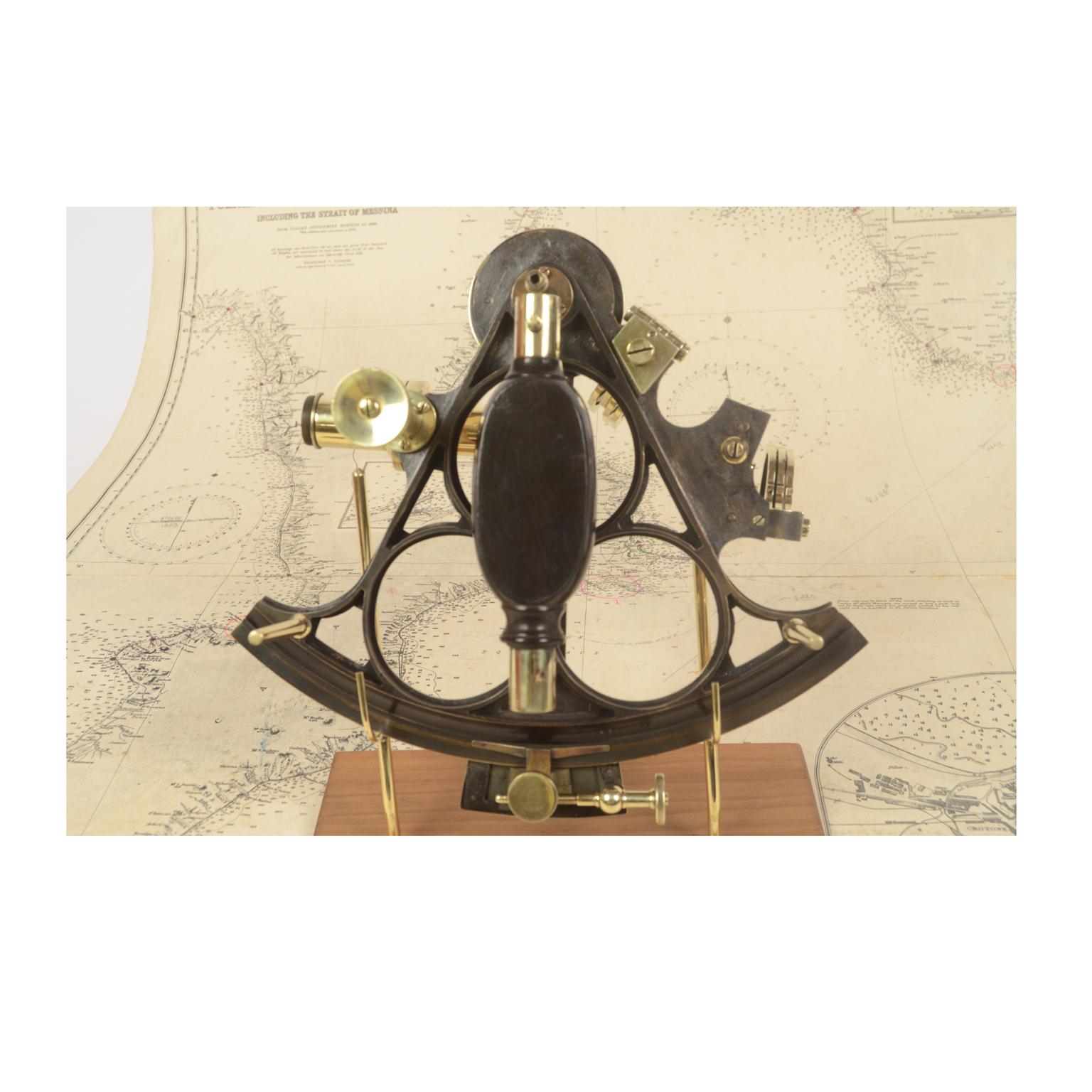 Brass Sextant with Mahogany Box Signed Henry Hughes & Son, London, Early 1900s 5