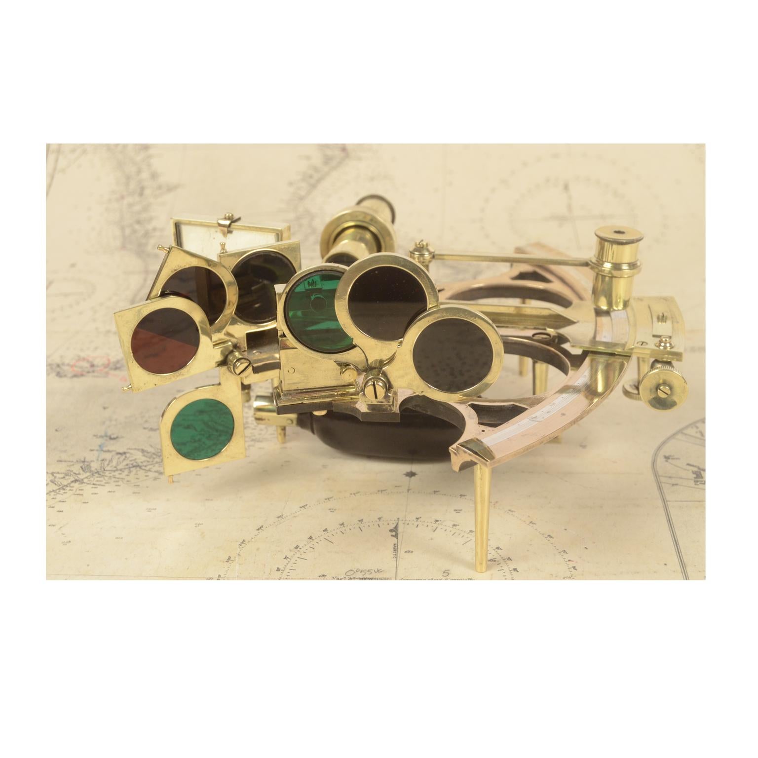 Brass Sextant with Mahogany Box Signed Henry Hughes & Son, London, Early 1900s 6