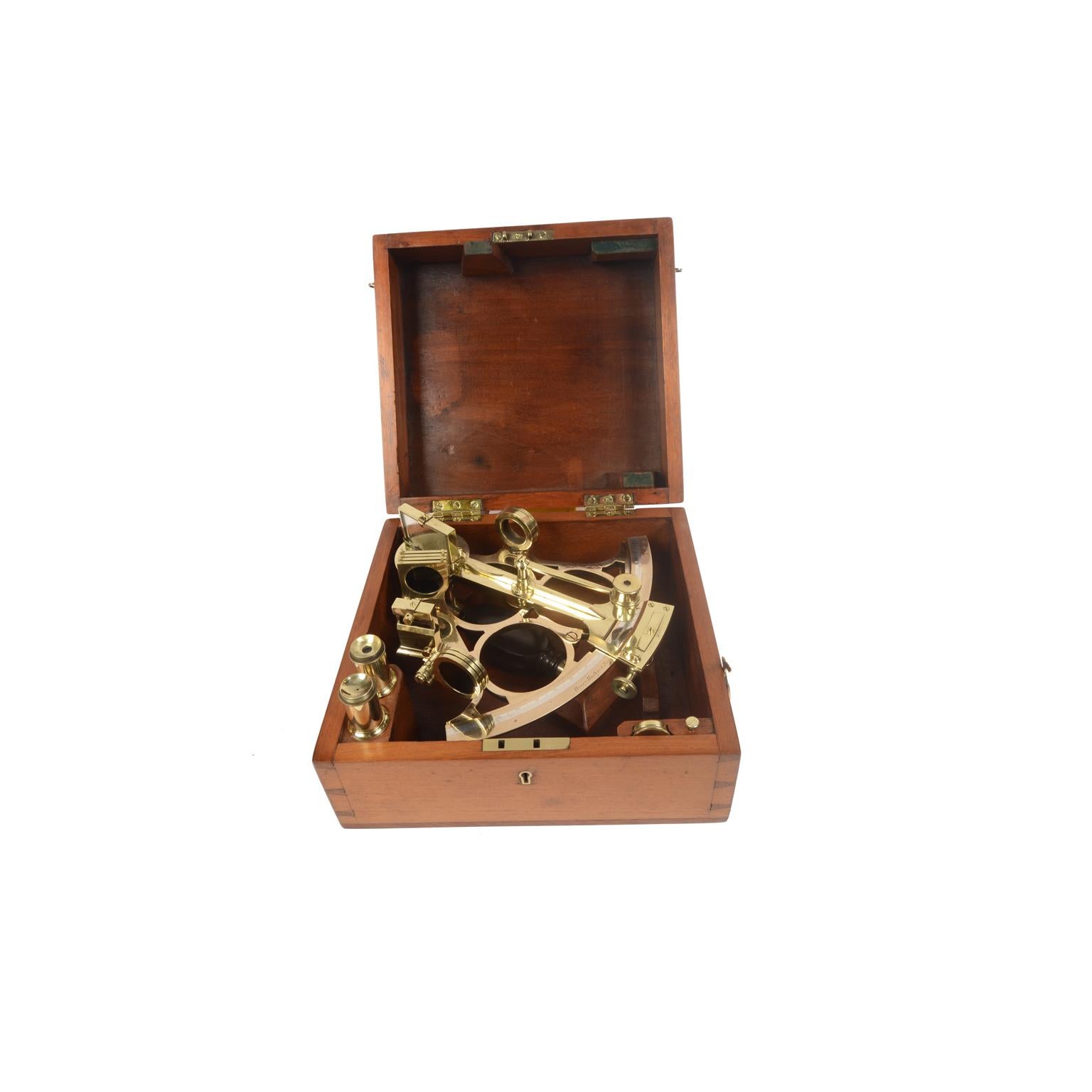 British Brass Sextant with Mahogany Box Signed Henry Hughes & Son, London, Early 1900s