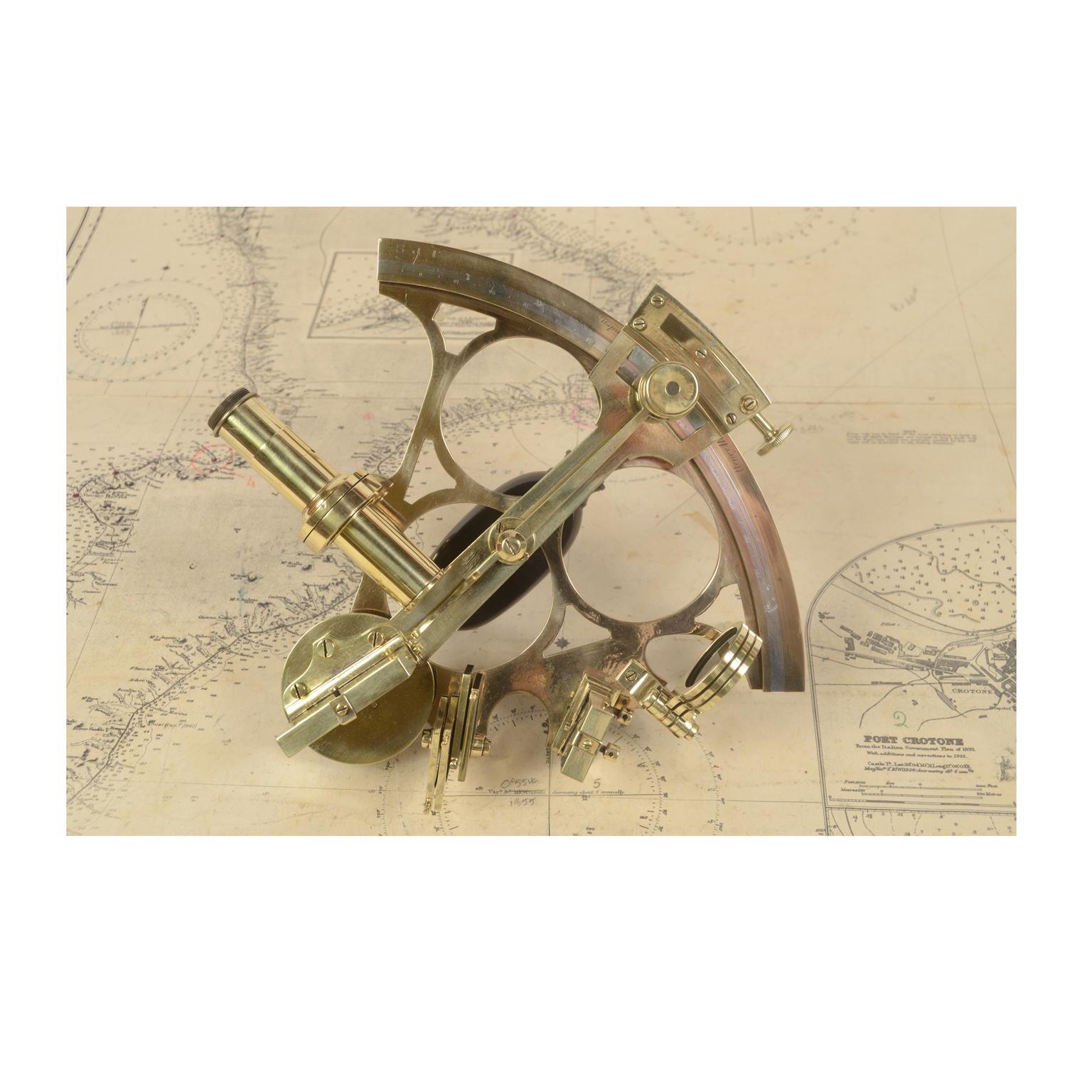 Brass Sextant with Mahogany Box Signed Henry Hughes & Son, London, Early 1900s 2
