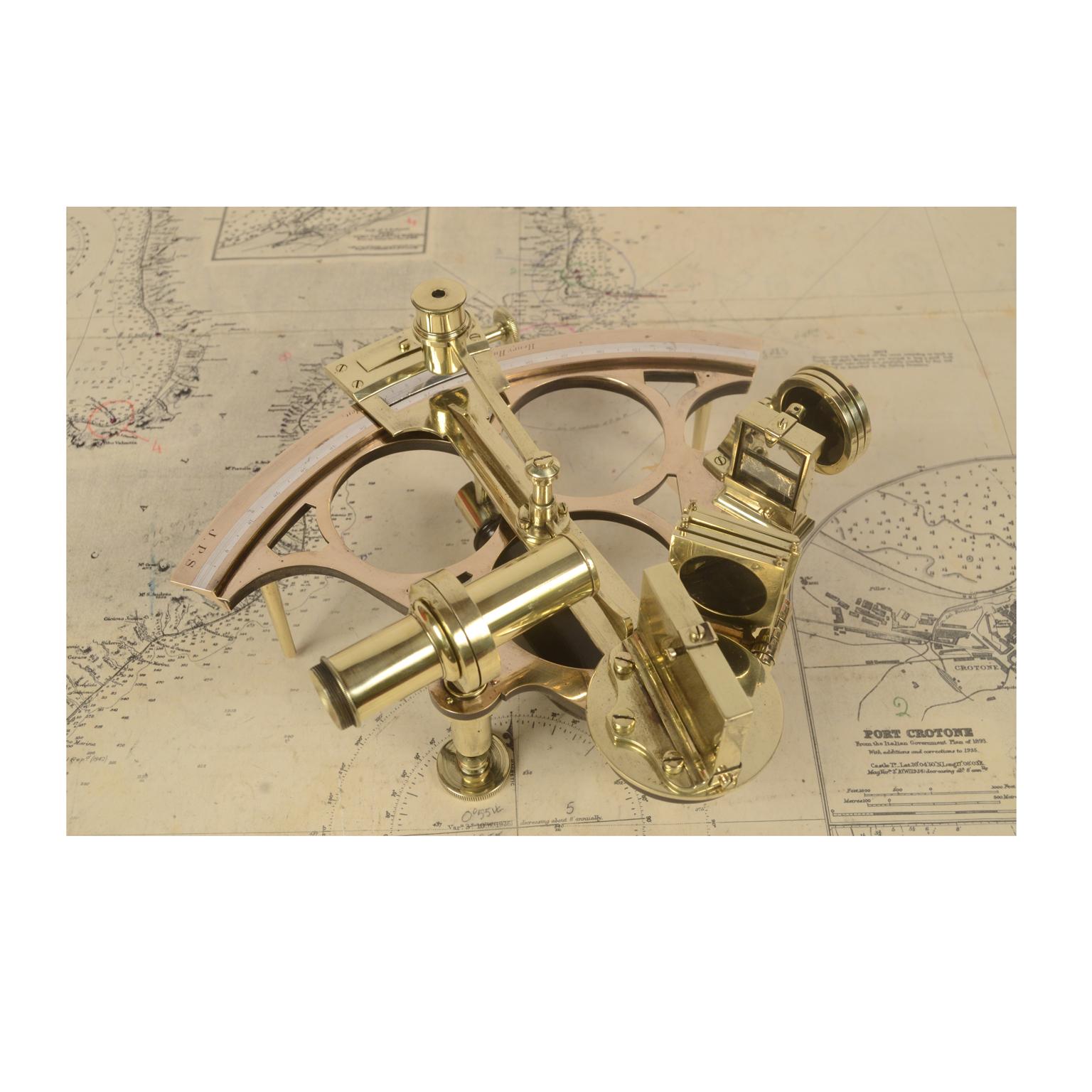 Brass Sextant with Mahogany Box Signed Henry Hughes & Son, London, Early 1900s 3