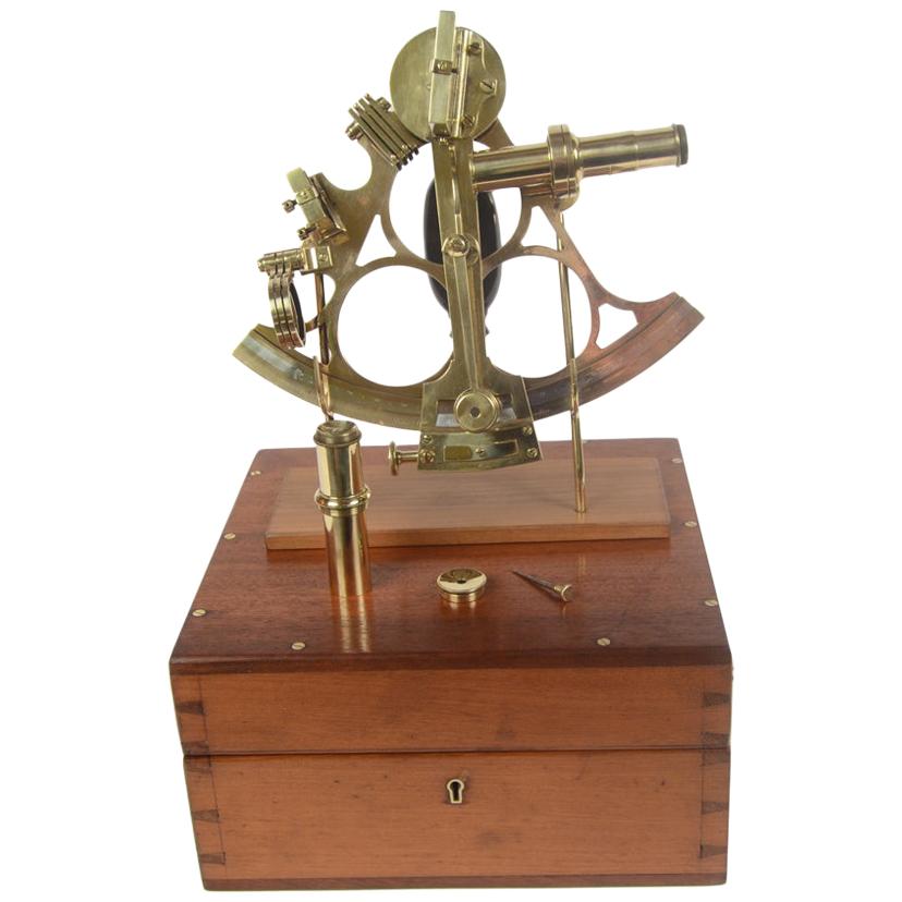 Brass Sextant with Mahogany Box Signed Henry Hughes & Son, London, Early 1900s