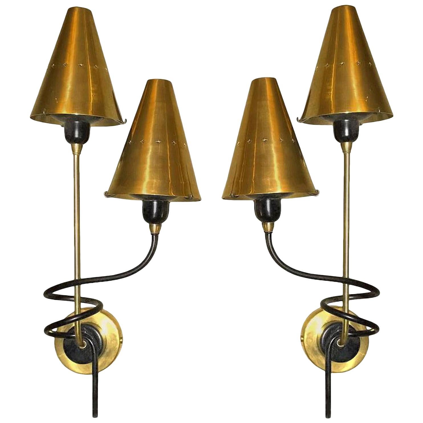 Brass Shades & Twisted Black Metal Mid-Century Modern Sconces Stilnovo Sty Italy