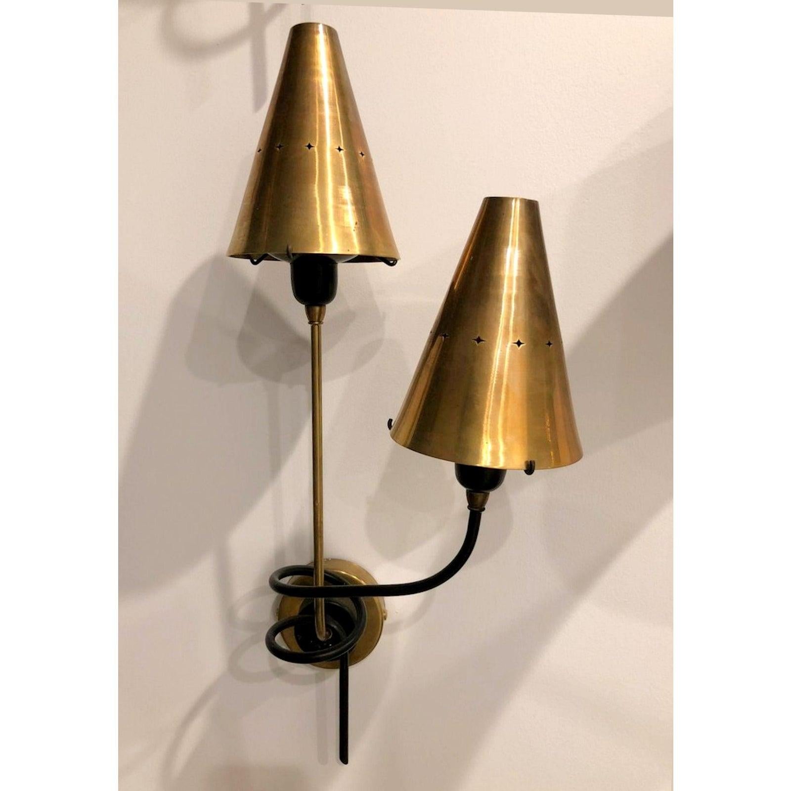 Painted Brass Shades & Twisted Black Metal Mid-Century Modern Sconces Stilnovo Sty Italy