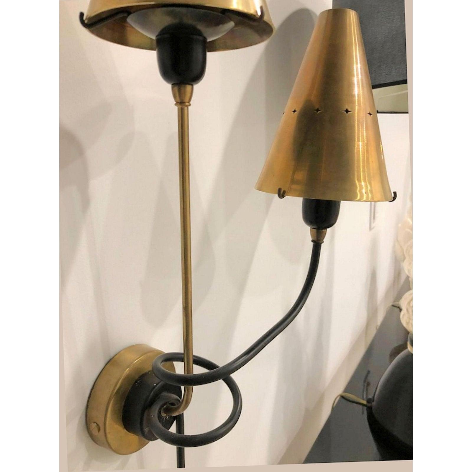 Brass Shades & Twisted Black Metal Mid-Century Modern Sconces Stilnovo Sty Italy In Excellent Condition In Dallas, TX