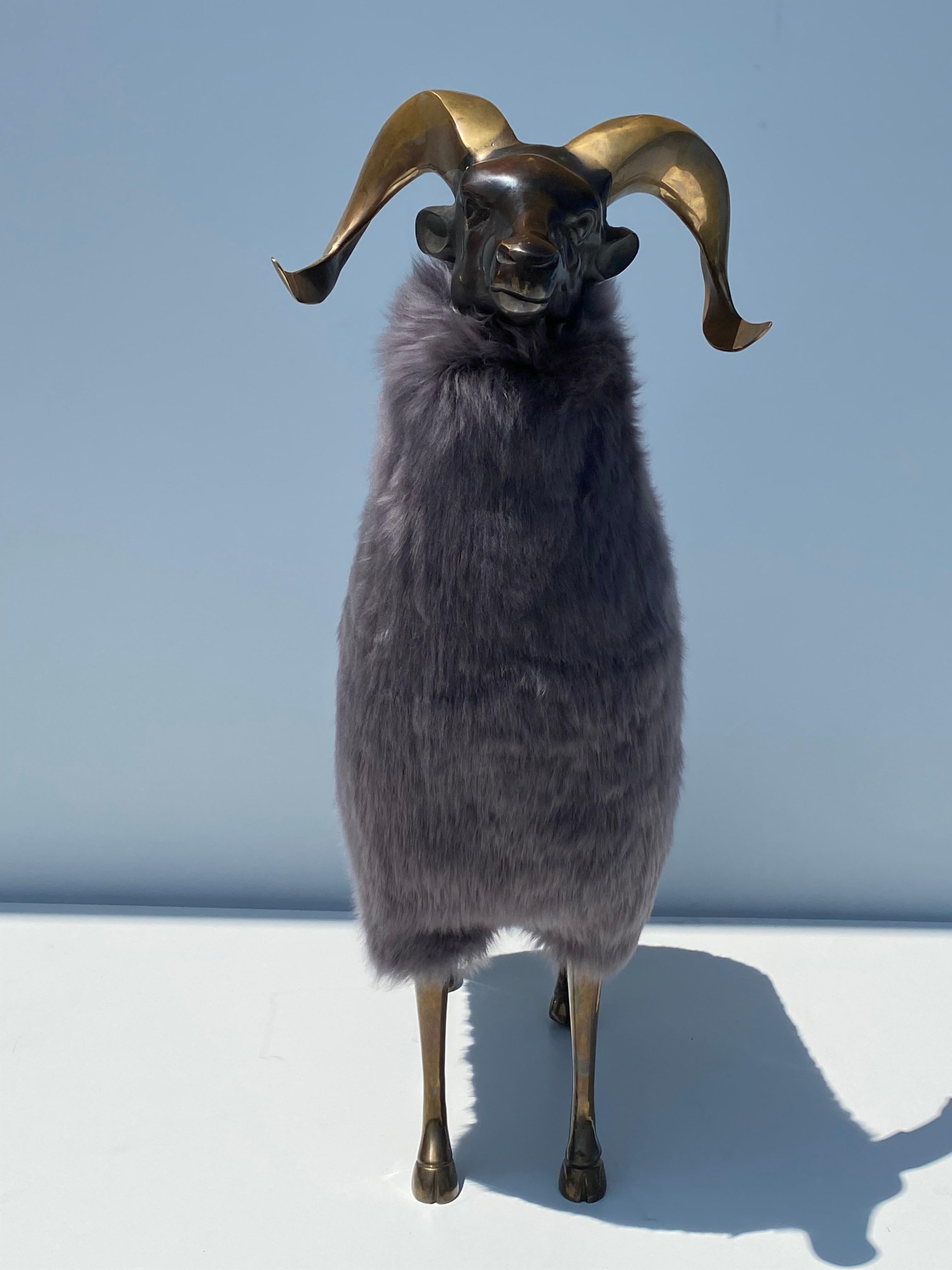 Brass sheep / ram sculpture in the style of Lalanne. Newly covered in silver gray sheep fur.
