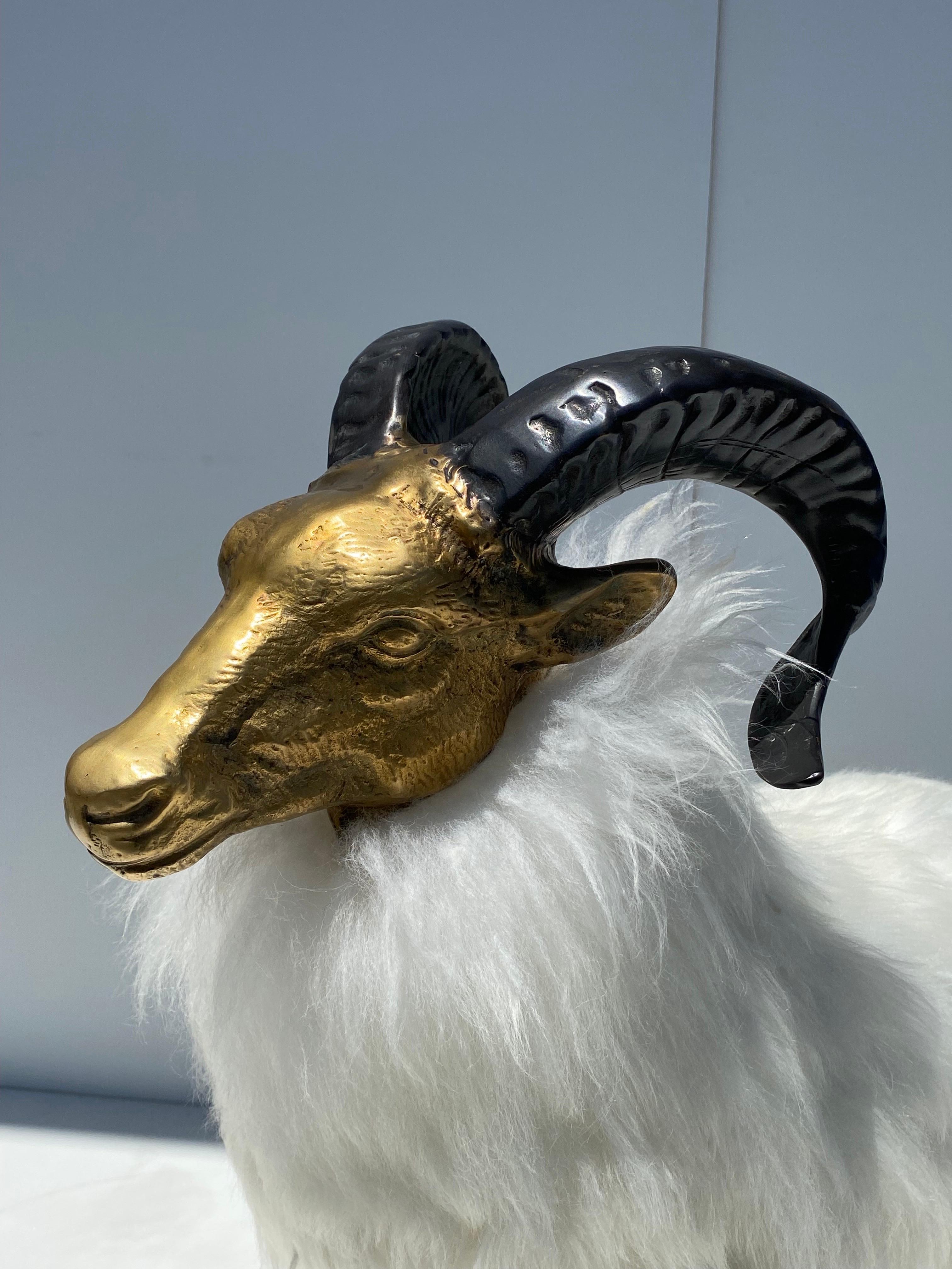 Brass Sheep / Ram Sculpture in White Fur  For Sale 1