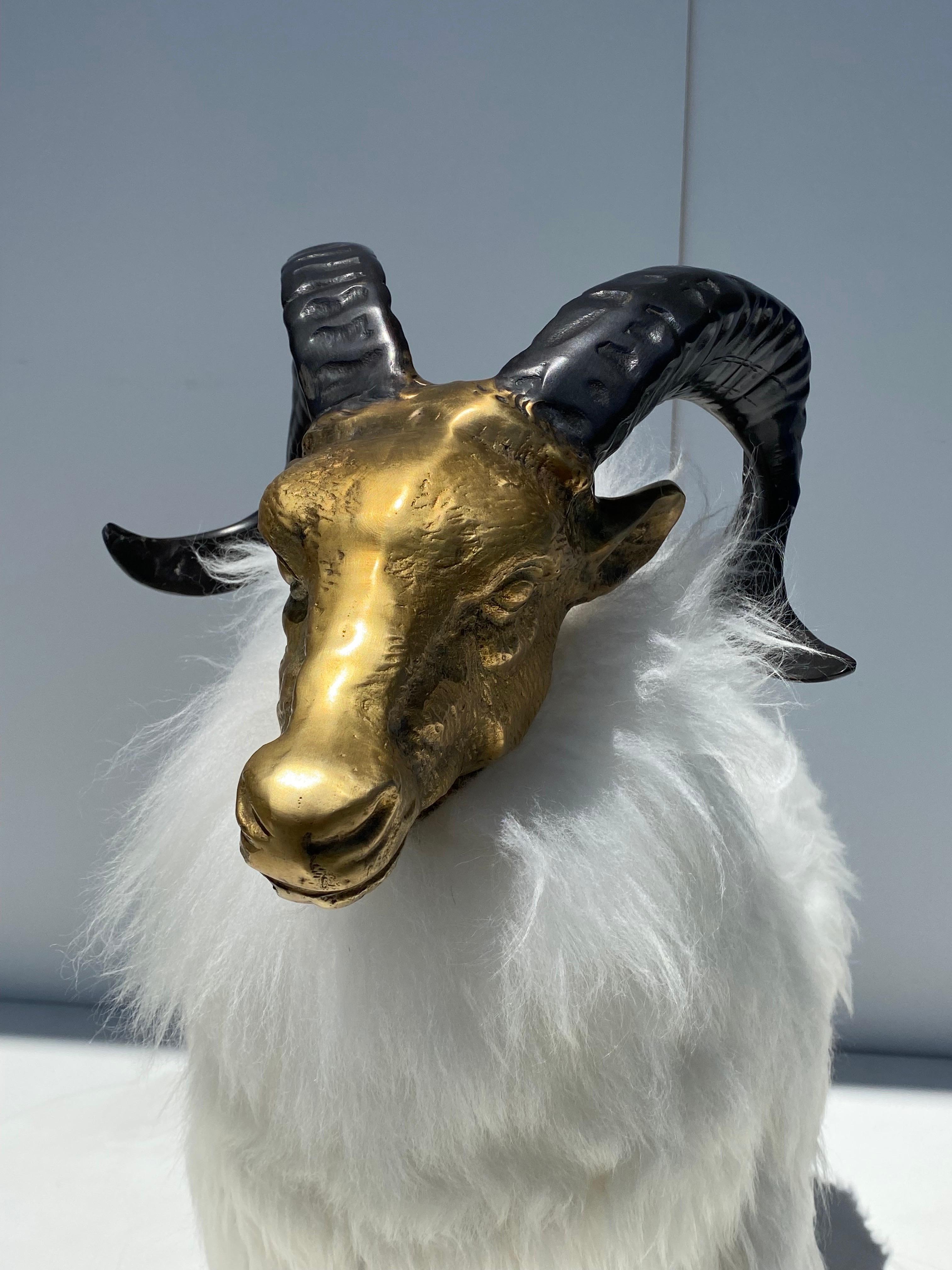 Brass Sheep / Ram Sculpture in White Fur  For Sale 2