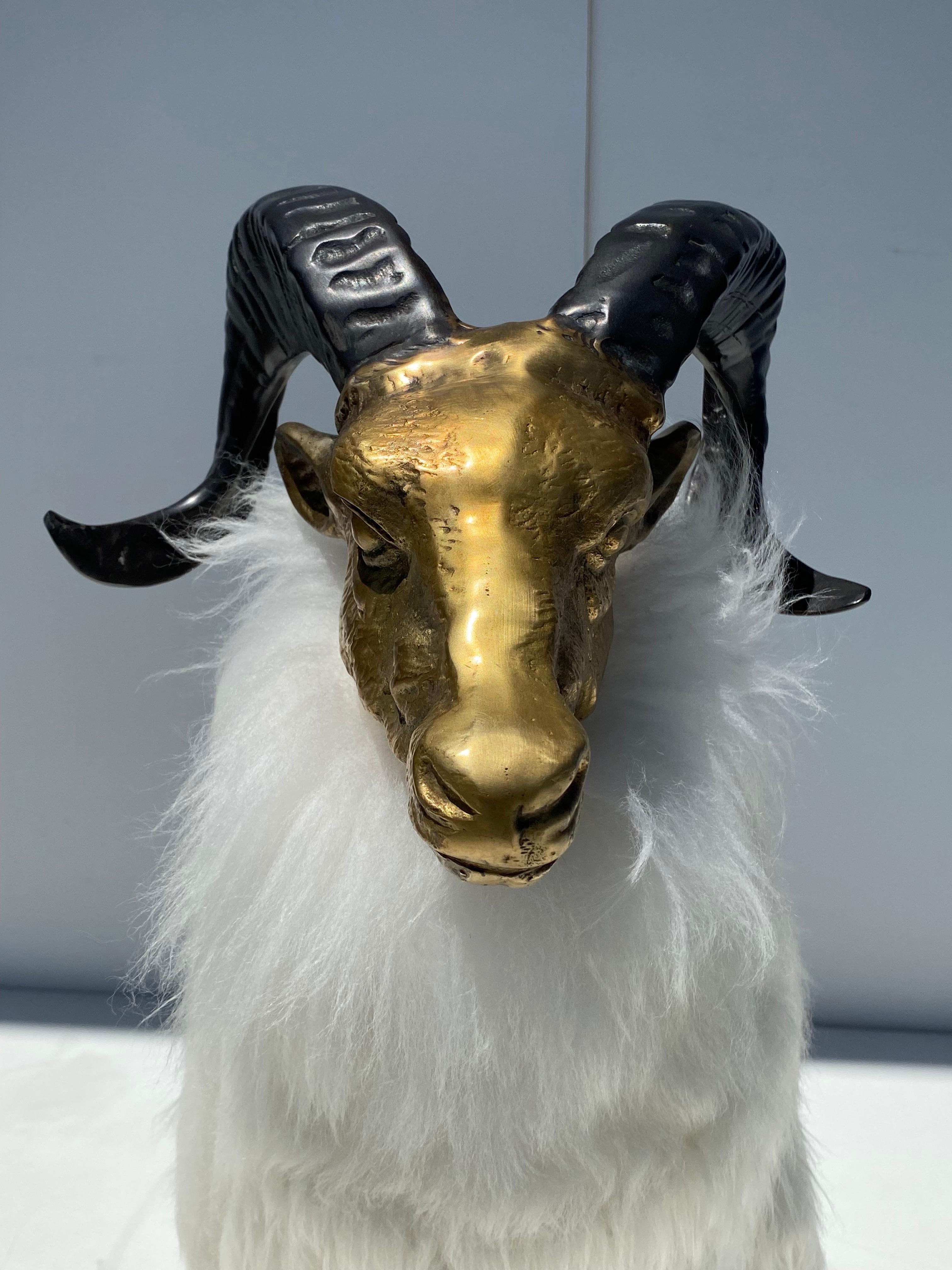 Brass Sheep / Ram Sculpture in White Fur  For Sale 3