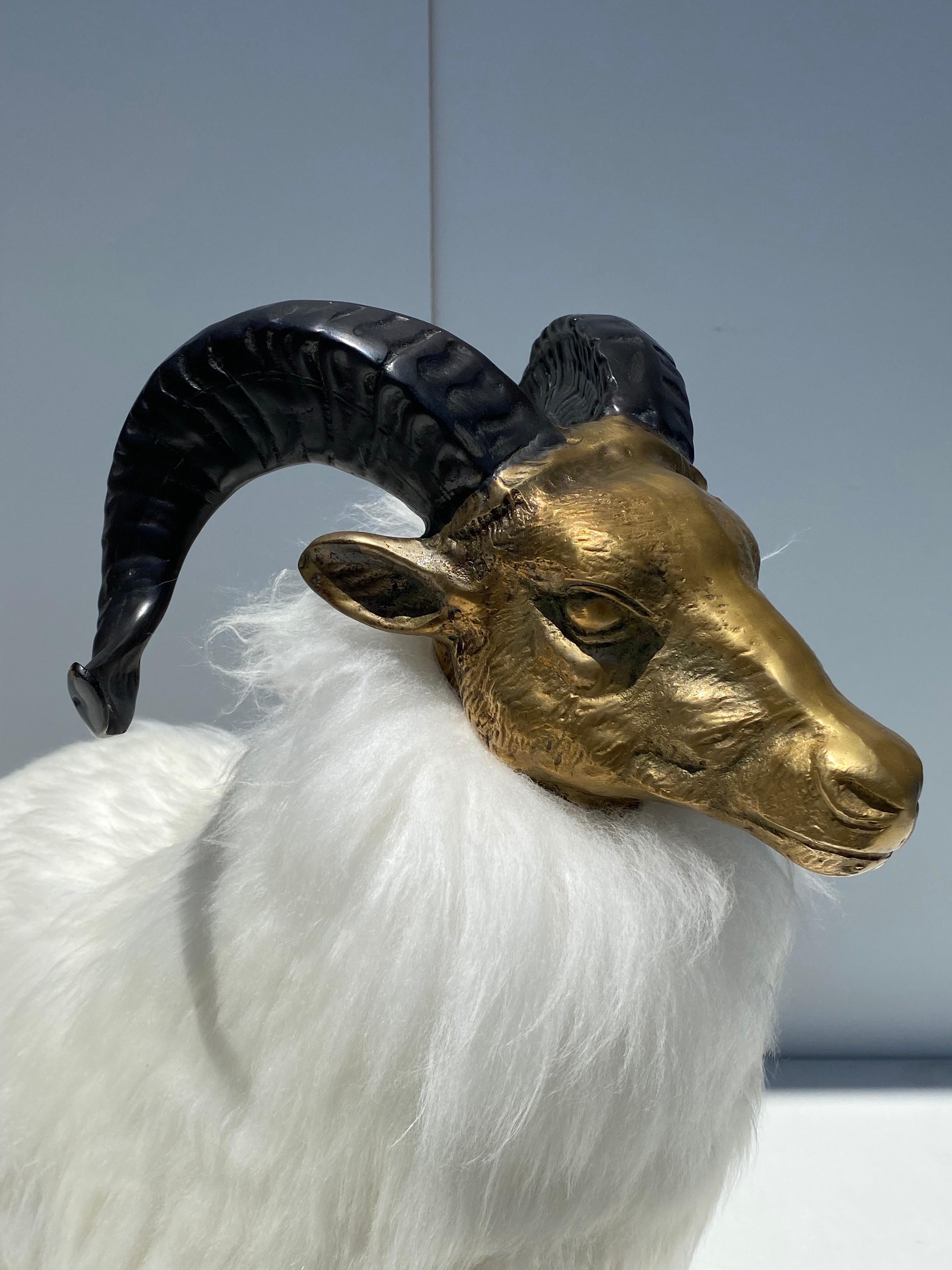 Brass Sheep / Ram Sculpture in White Fur  For Sale 4