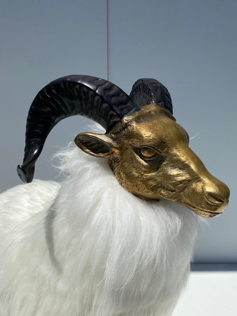 Brass Sheep / Ram Sculpture in White Fur For Sale 7